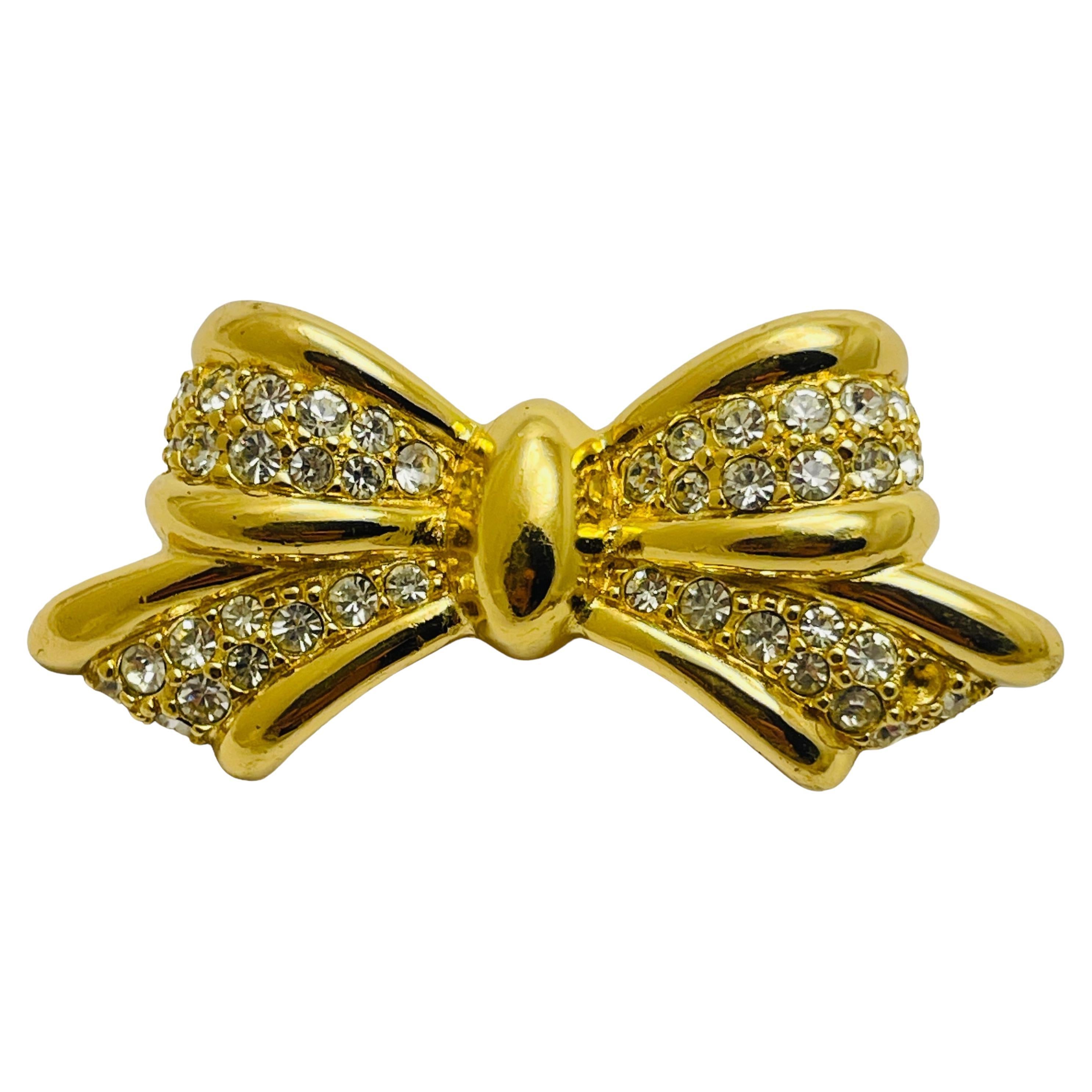 CHRISTIAN DIOR vintage bow gold crystal designer runway brooch For Sale