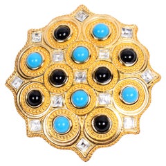 Christian Dior Vintage Brooch With Clear Rhinestones & Blue and Black Cabochons