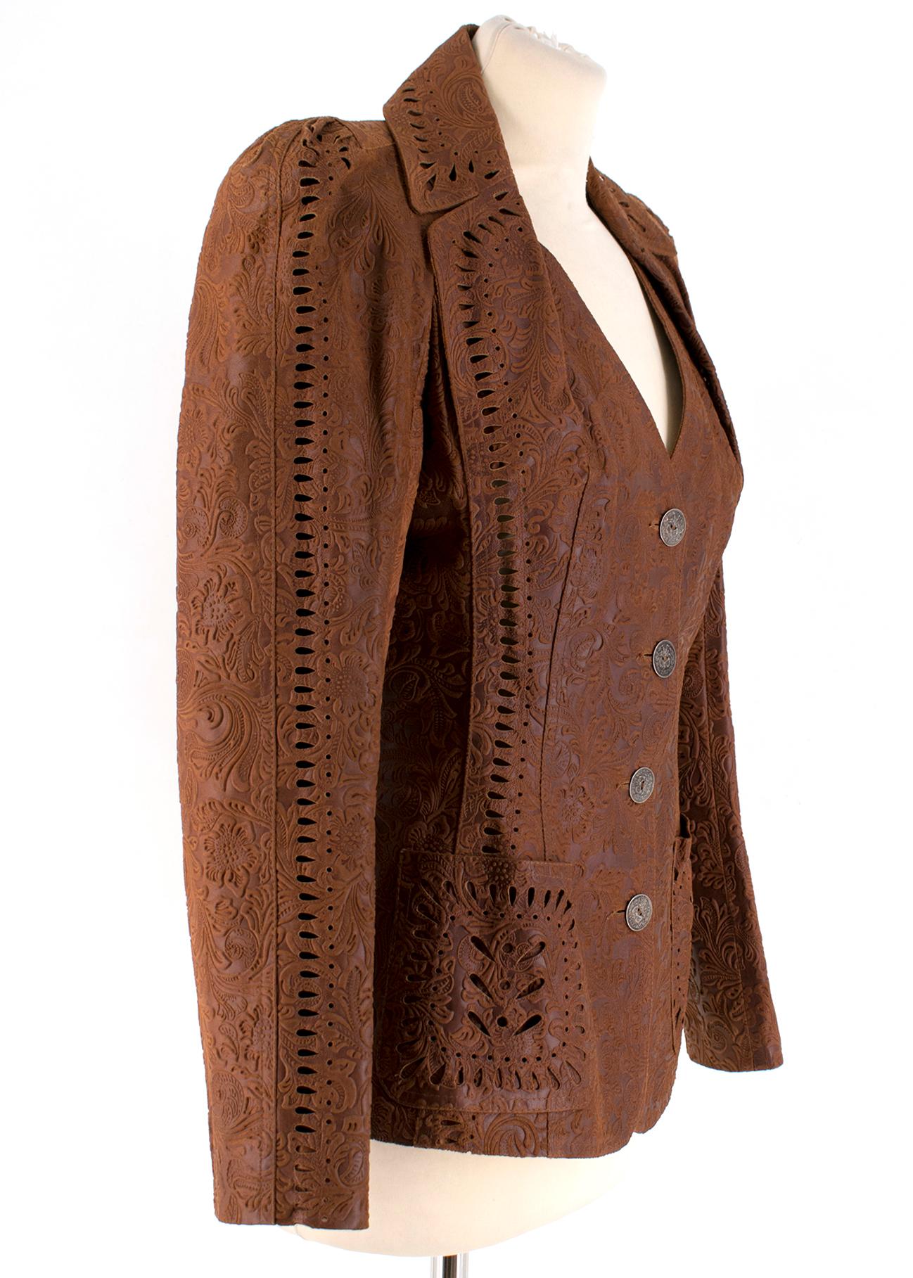 Christian Dior Vintage Brown Laser Cut Pig Skin Suit with padded shoulders, eyelet detailing, and a lovely paisley pattern. Jacket and trousers features quality vintage buttons giving a chic modern look. 2 piece set, available trousers to
