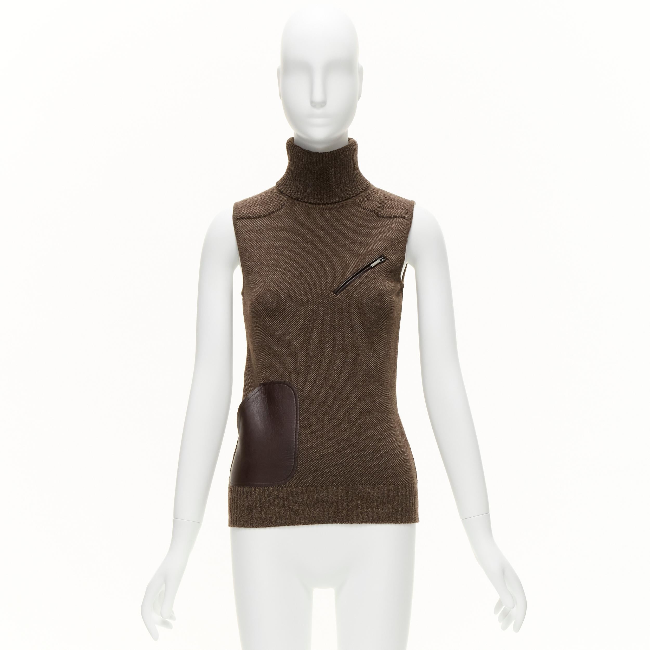 CHRISTIAN DIOR Vintage brown leather patch pocket wool blend turtle vest FR36 S 6