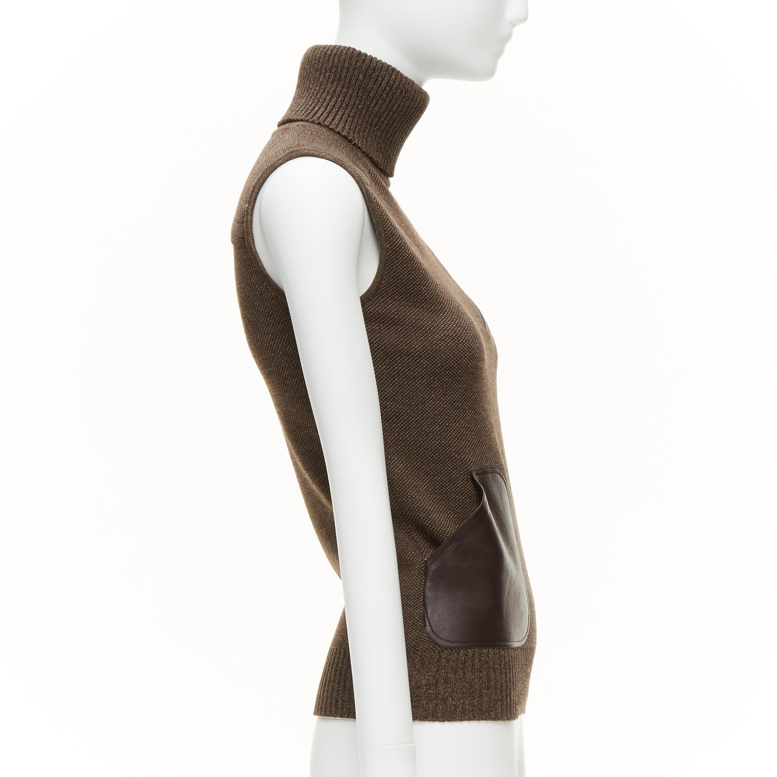 Women's CHRISTIAN DIOR Vintage brown leather patch pocket wool blend turtle vest FR36 S