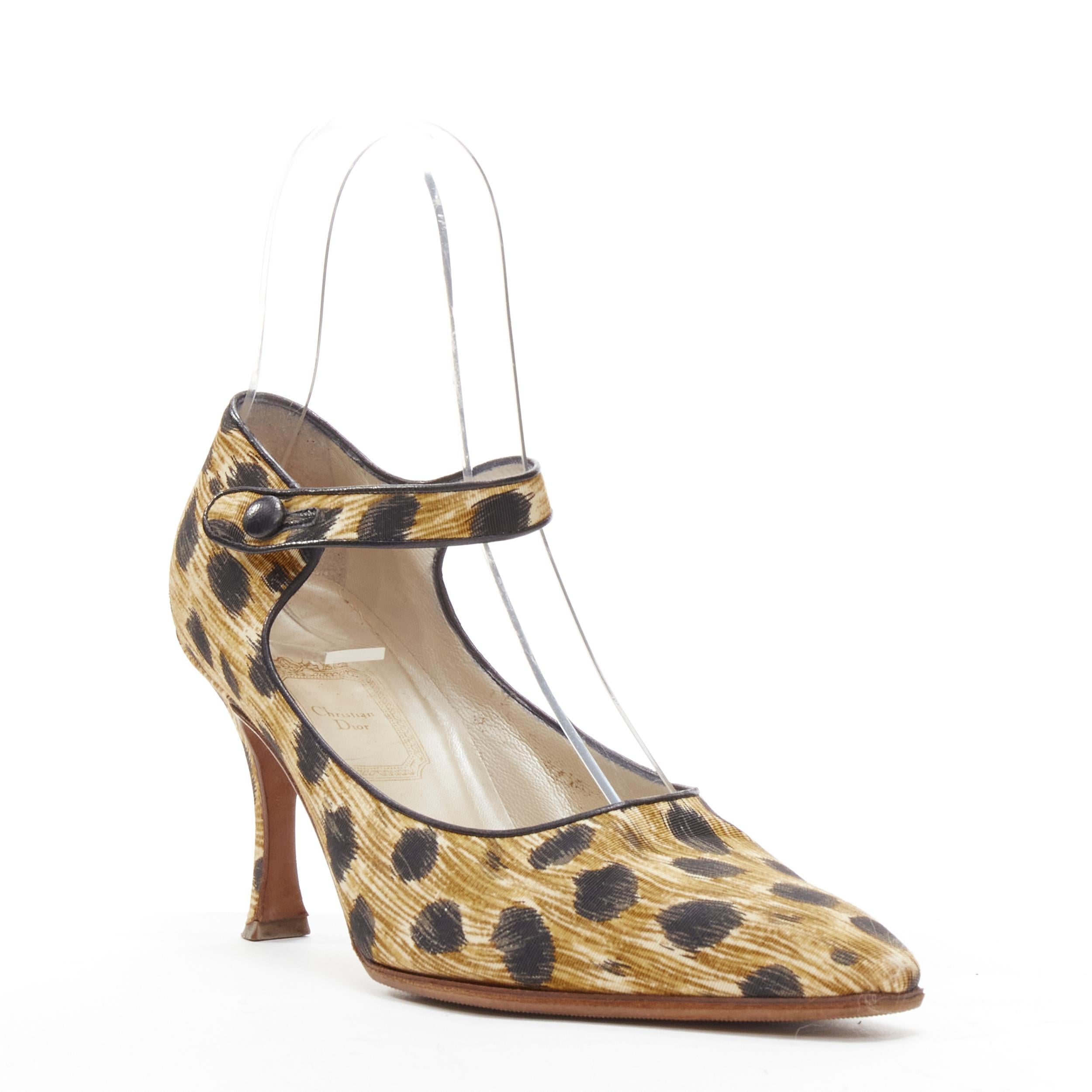 Brown CHRISTIAN DIOR Vintage brown leopard print fabric ankle strap pump EU36.5 For Sale