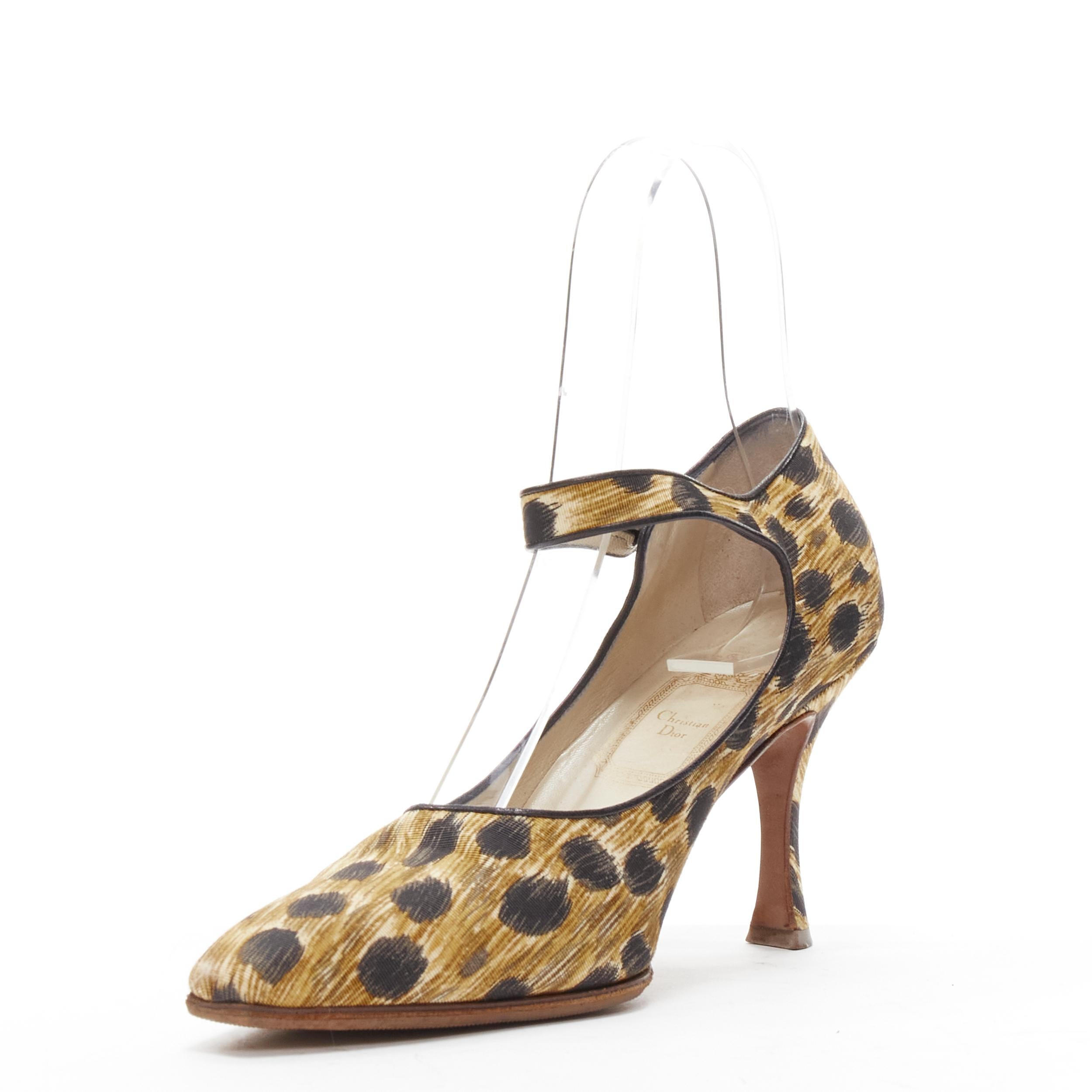 CHRISTIAN DIOR Vintage brown leopard print fabric ankle strap pump EU36.5 In Good Condition For Sale In Hong Kong, NT