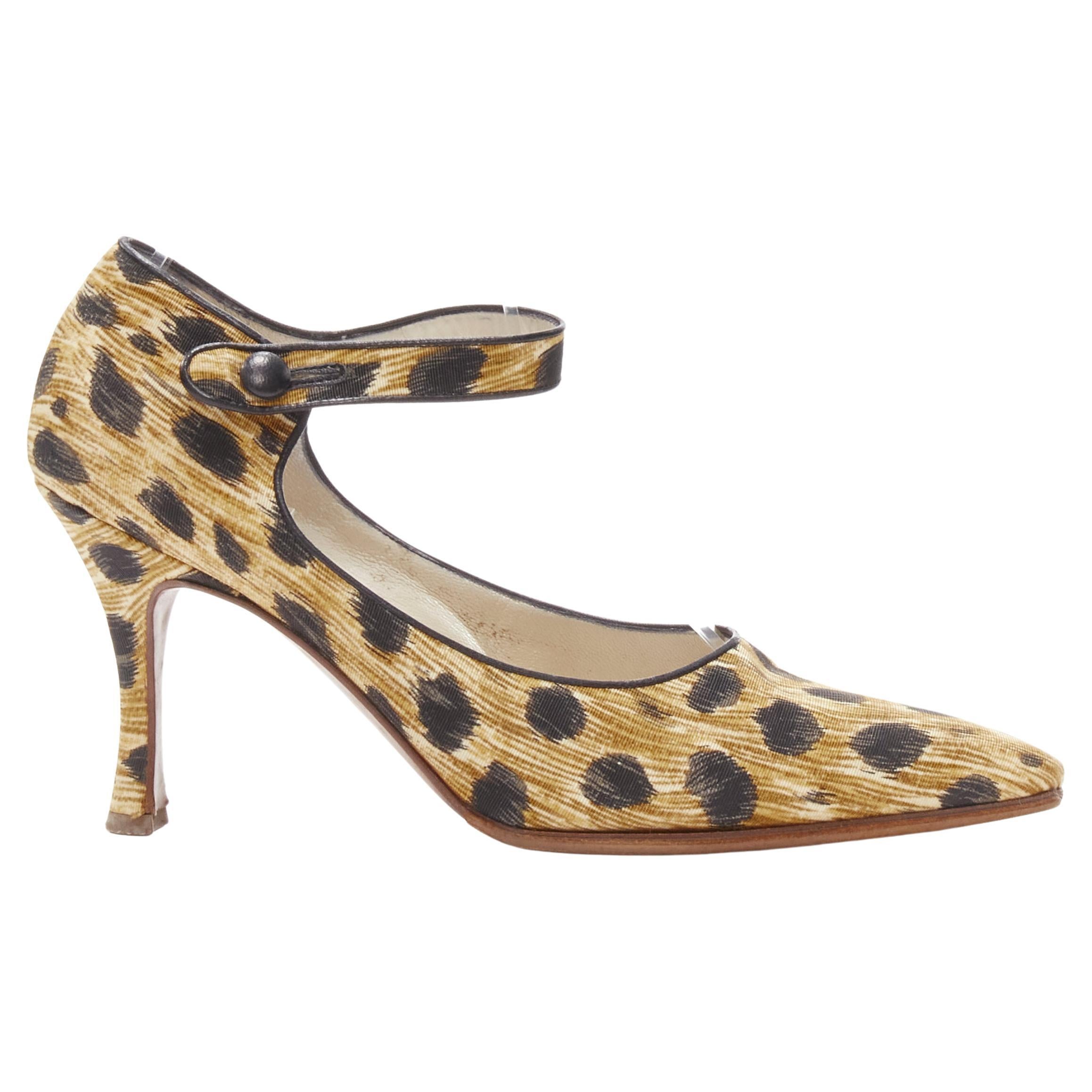 CHRISTIAN DIOR Vintage brown leopard print fabric ankle strap pump EU36.5 For Sale