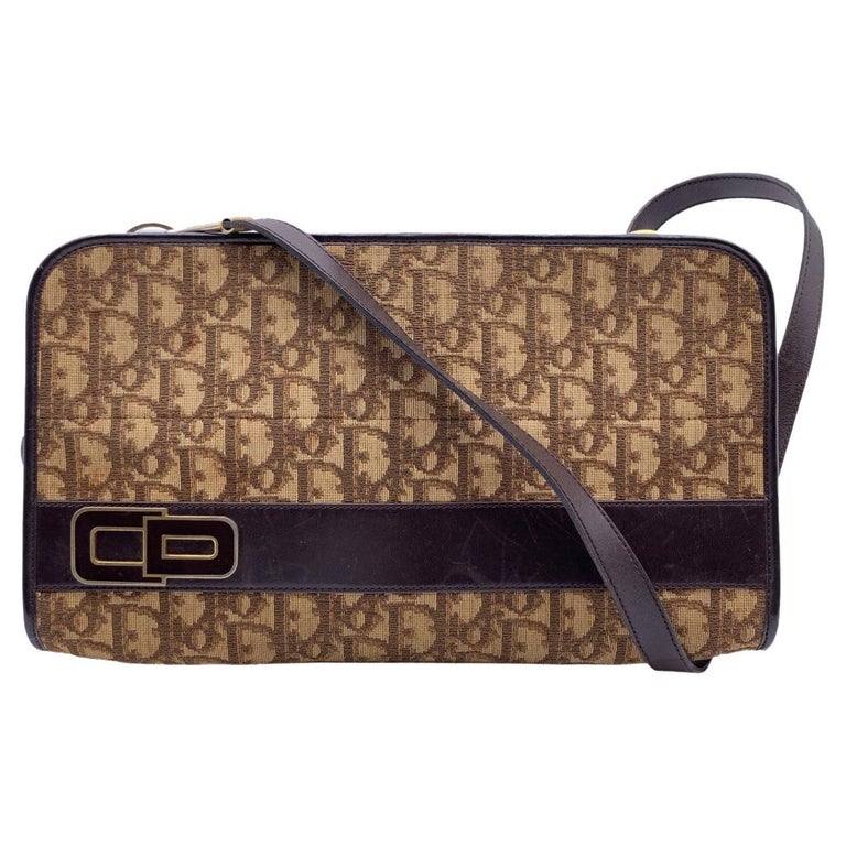 Christian Dior Vintage Brown Logo Canvas Tapestry Shoulder Bag For Sale