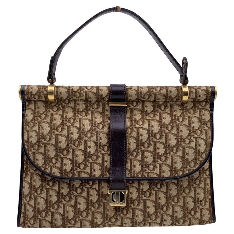 Christian Dior Vintage Brown Logo Monogram Tapestry Handbag For Sale at