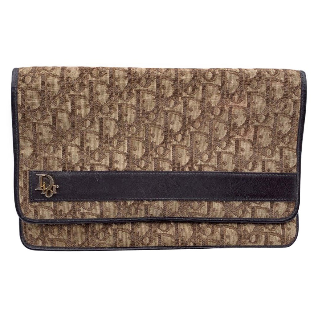 Christian Dior Vintage Brown Logo Oblique Canvas Clutch Bag