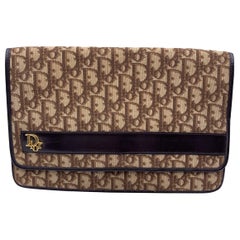 Christian Dior Vintage Brown Logo Oblique Canvas Flap Clutch Purse