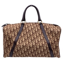 Christian Dior Vintage Brown Logo Tapestry Canvas Boston Bag