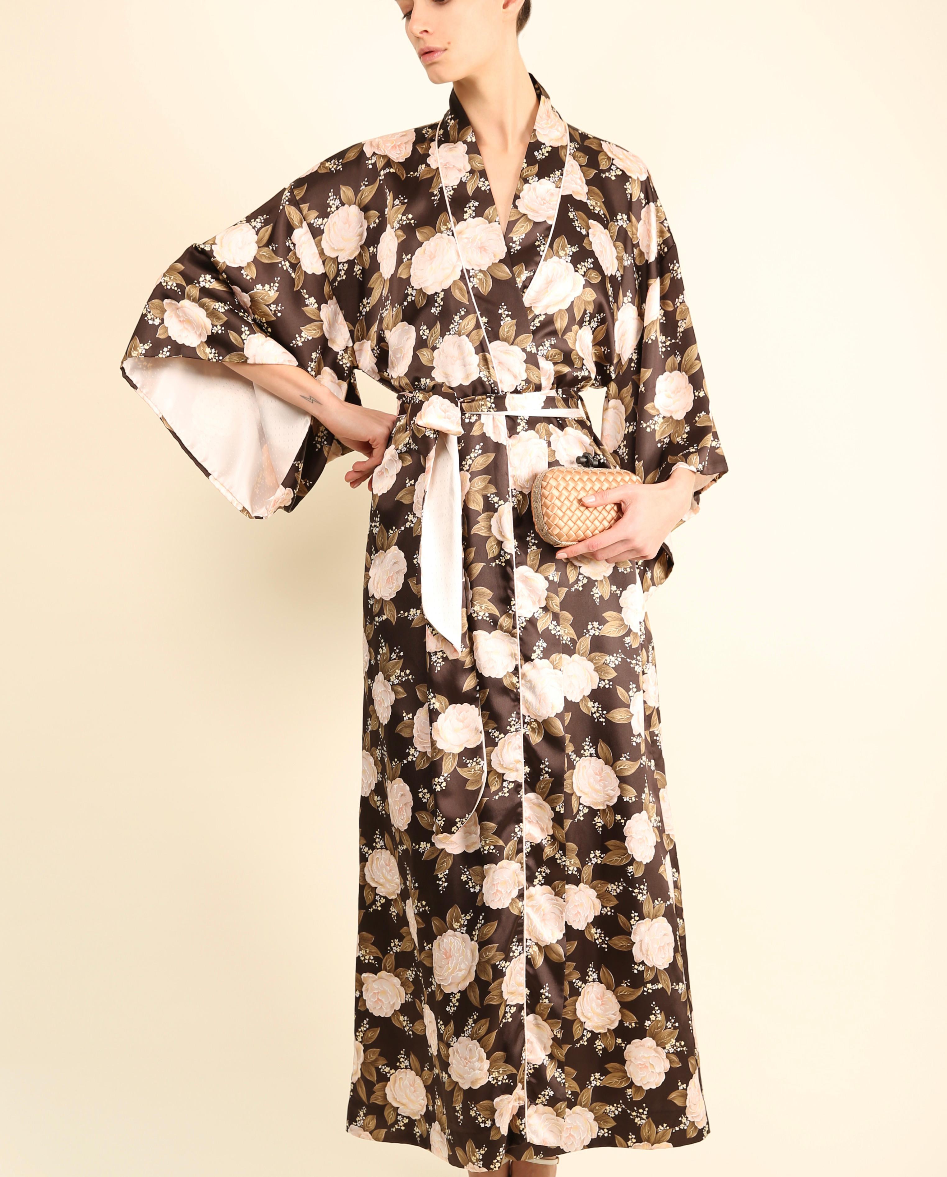 Christian Dior vintage brown pink floral kimono maxi coat dress robe night gown For Sale 9