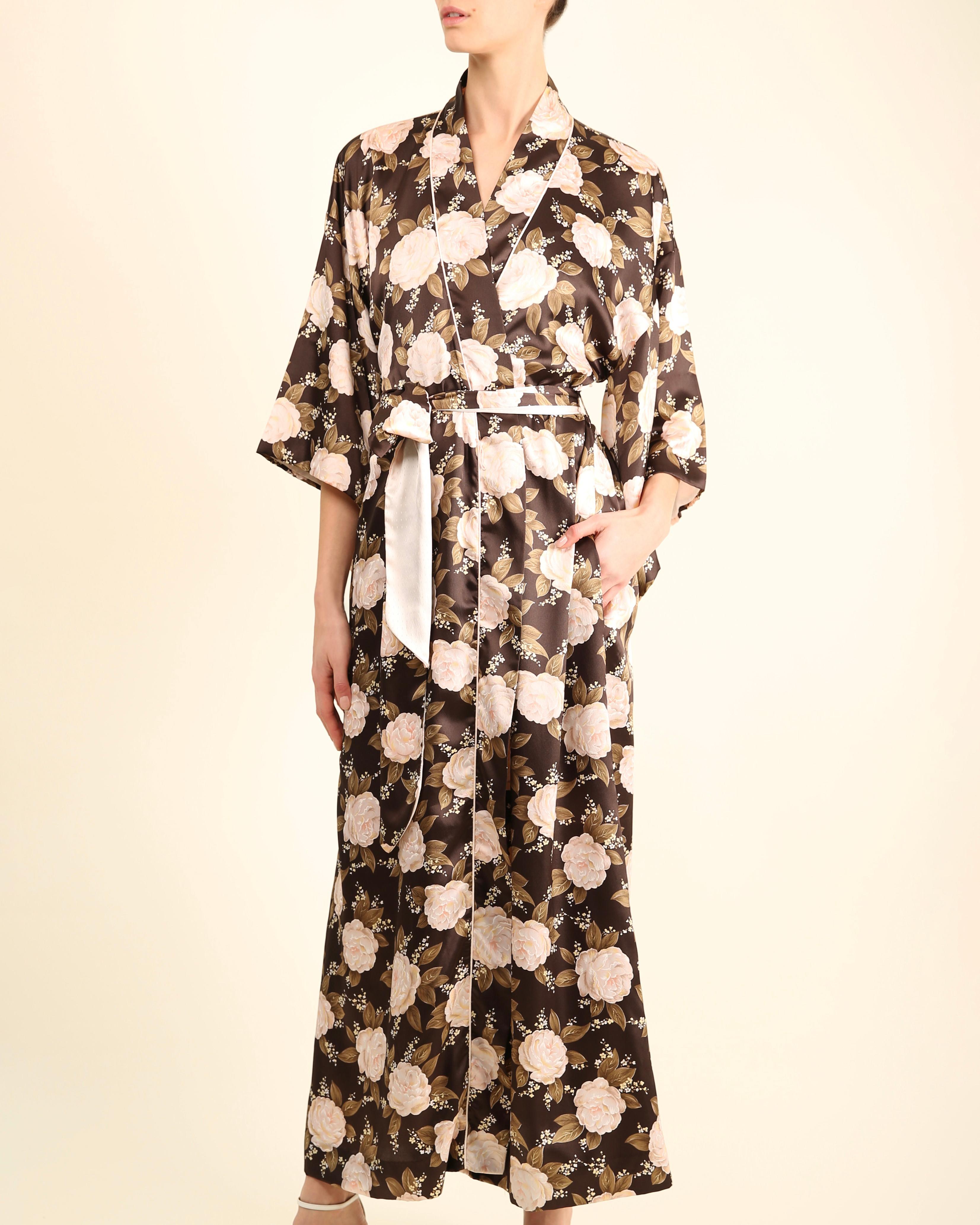 Christian Dior vintage Brown pink floral kimono maxi coat robe robe de nuit en vente 10