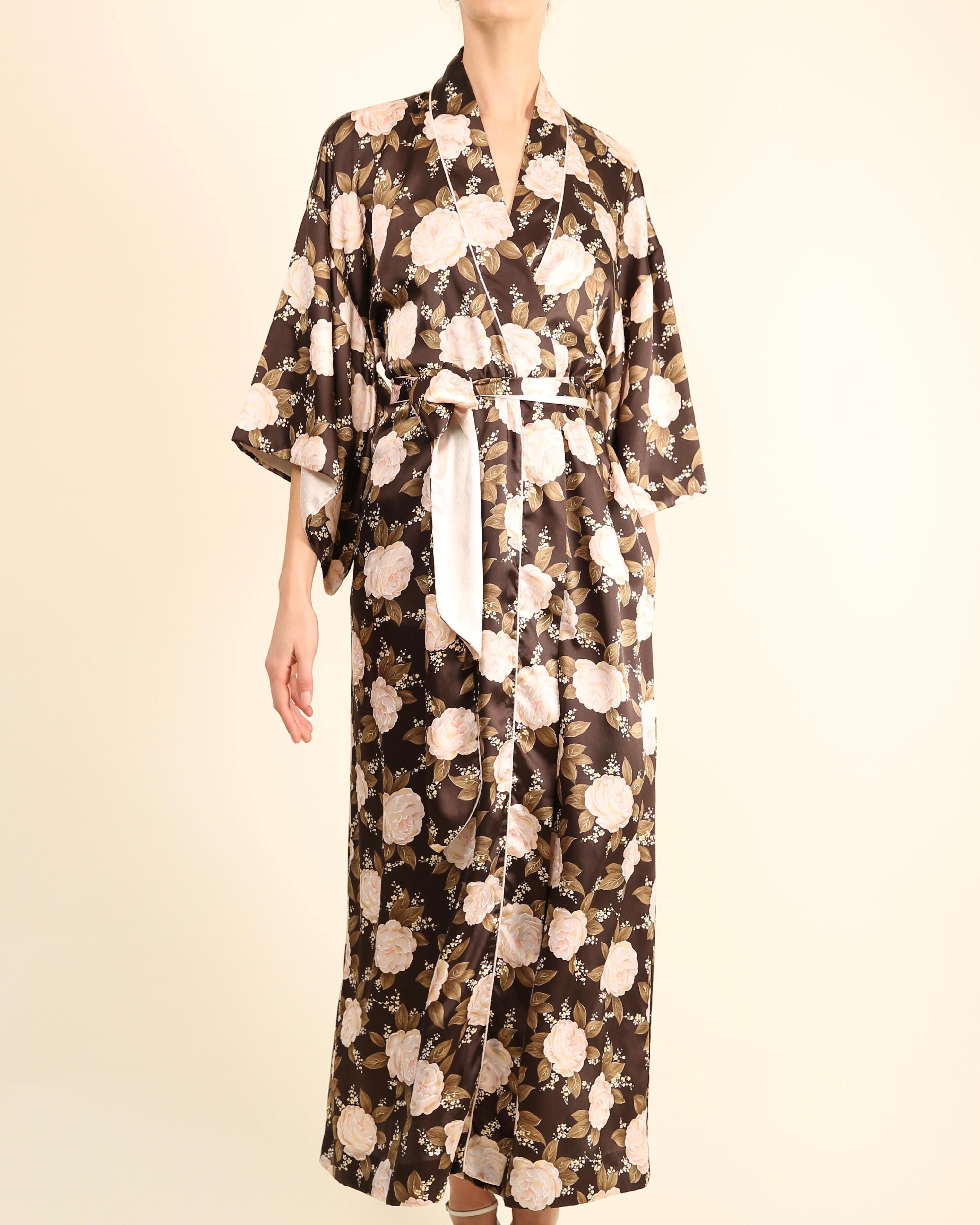 Christian Dior vintage brown pink floral kimono maxi coat dress robe night gown For Sale 11