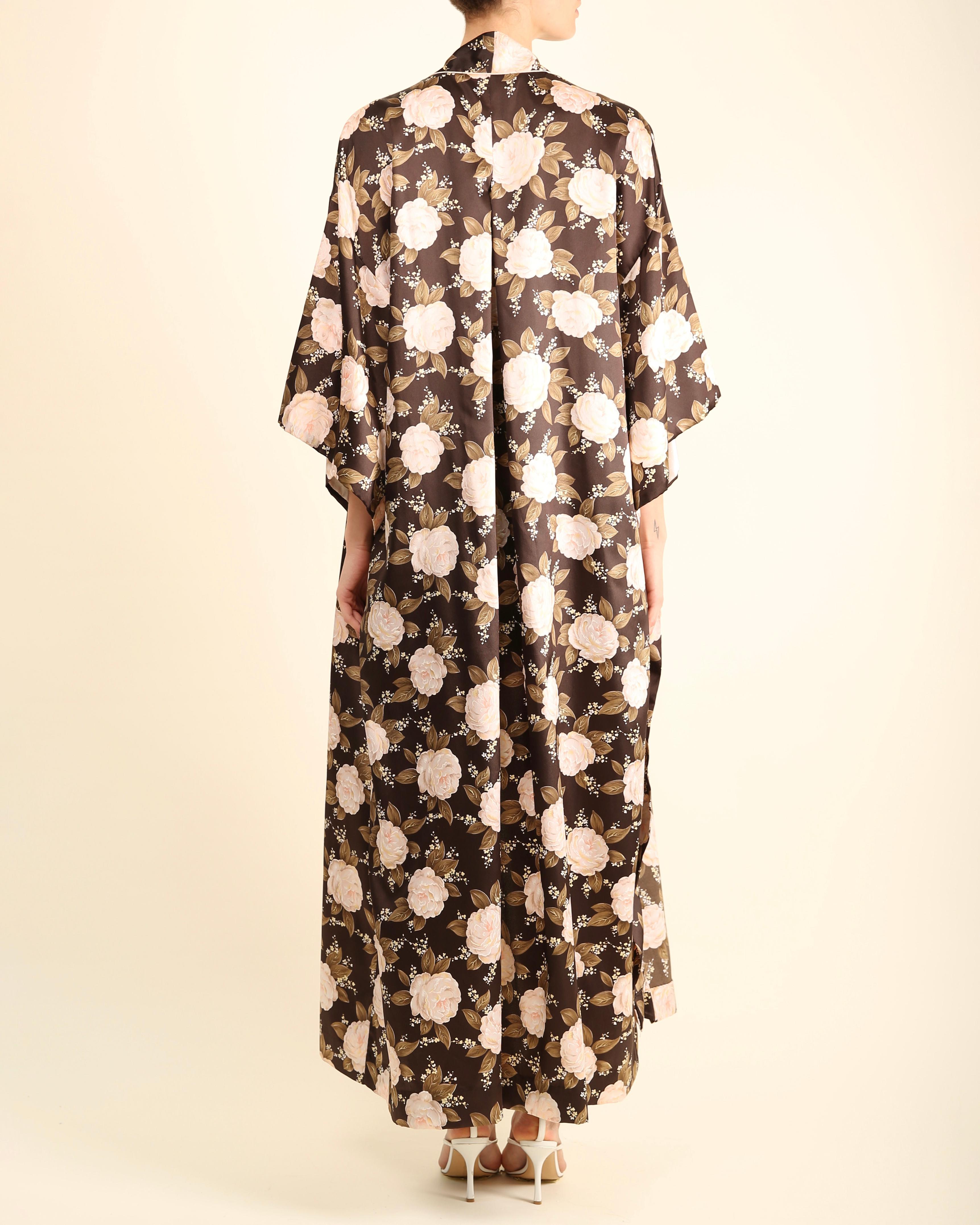 Christian Dior vintage Brown pink floral kimono maxi coat robe robe de nuit en vente 12