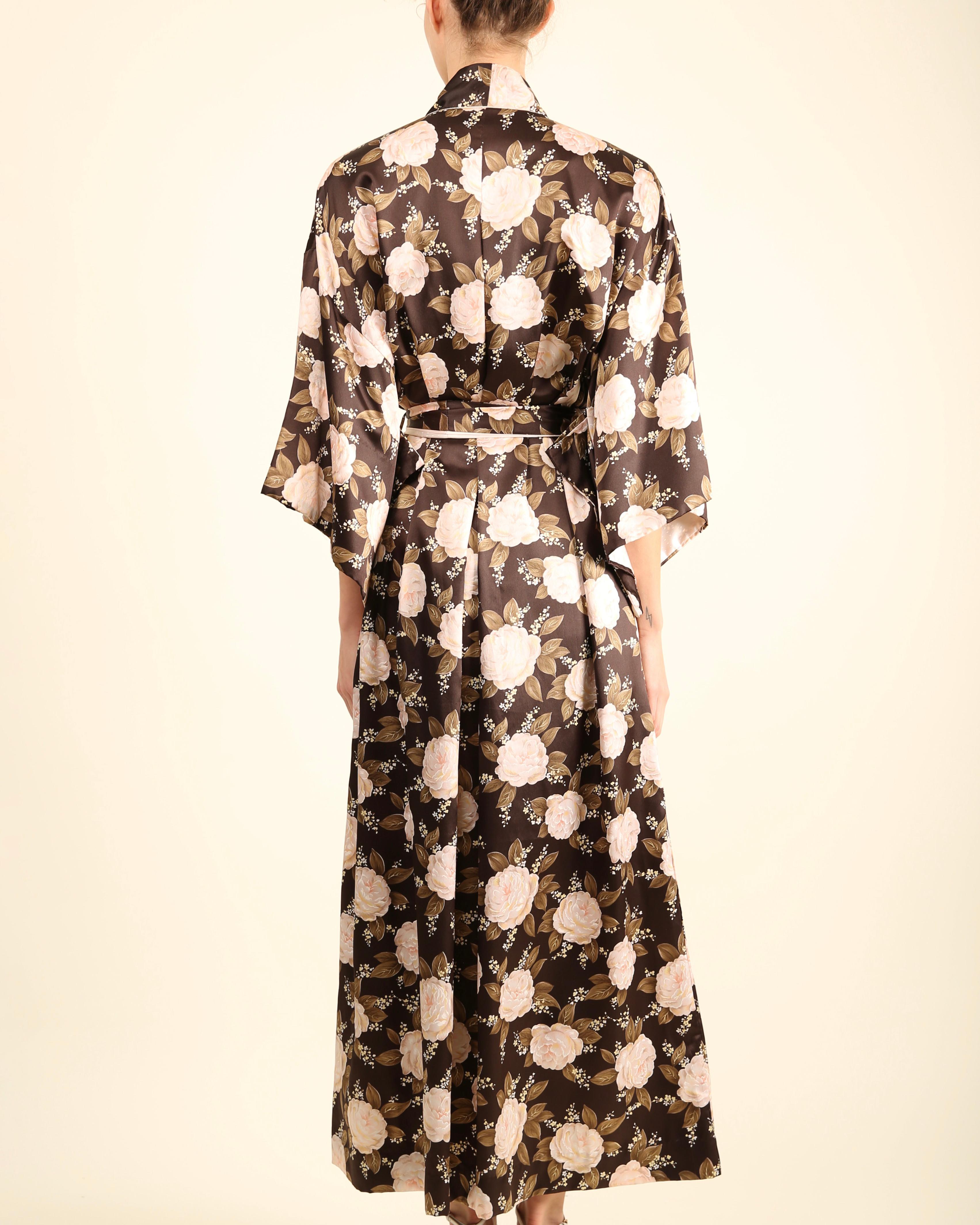 Christian Dior vintage Brown pink floral kimono maxi coat robe robe de nuit en vente 13