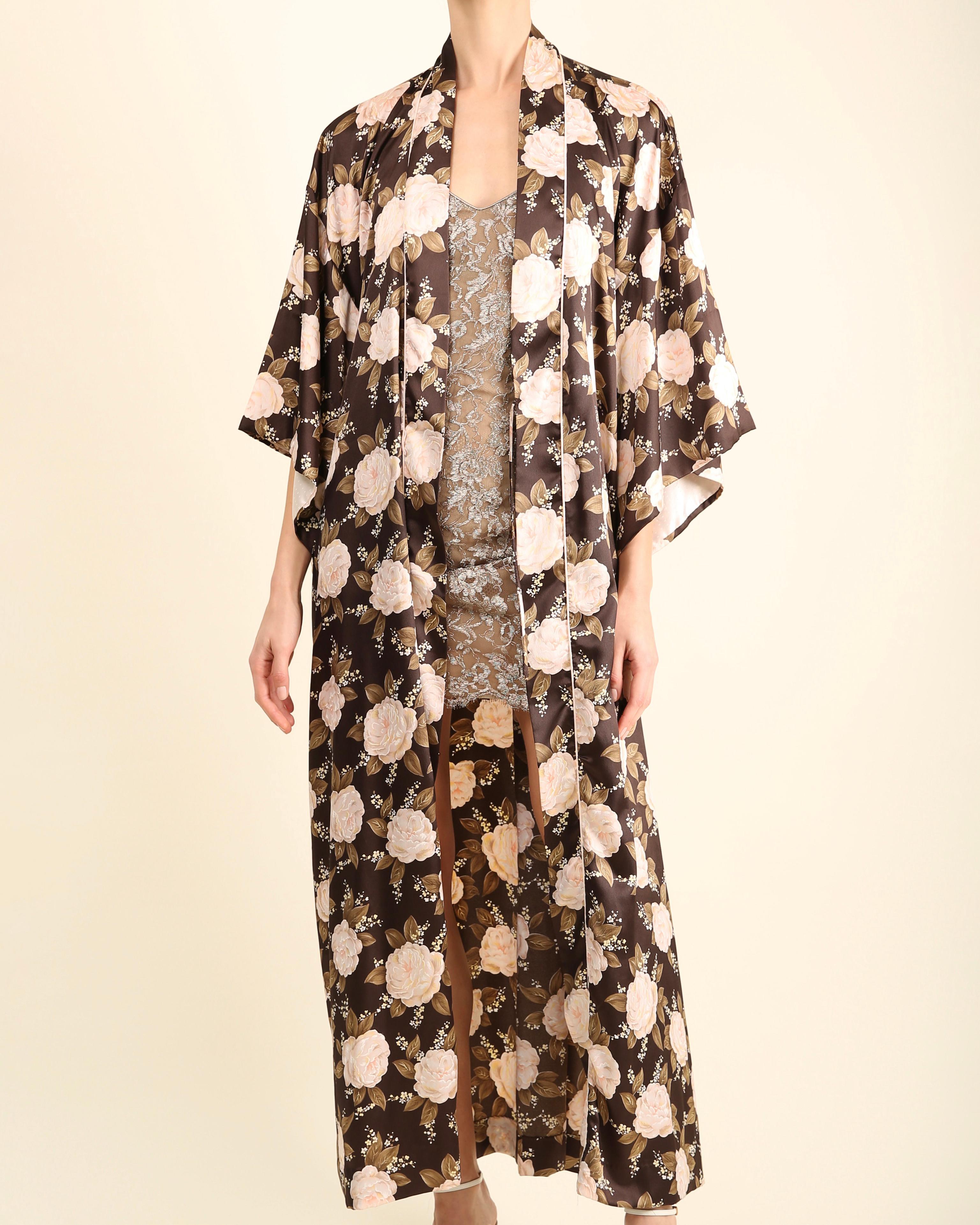 Christian Dior vintage Brown pink floral kimono maxi coat robe robe de nuit en vente 2
