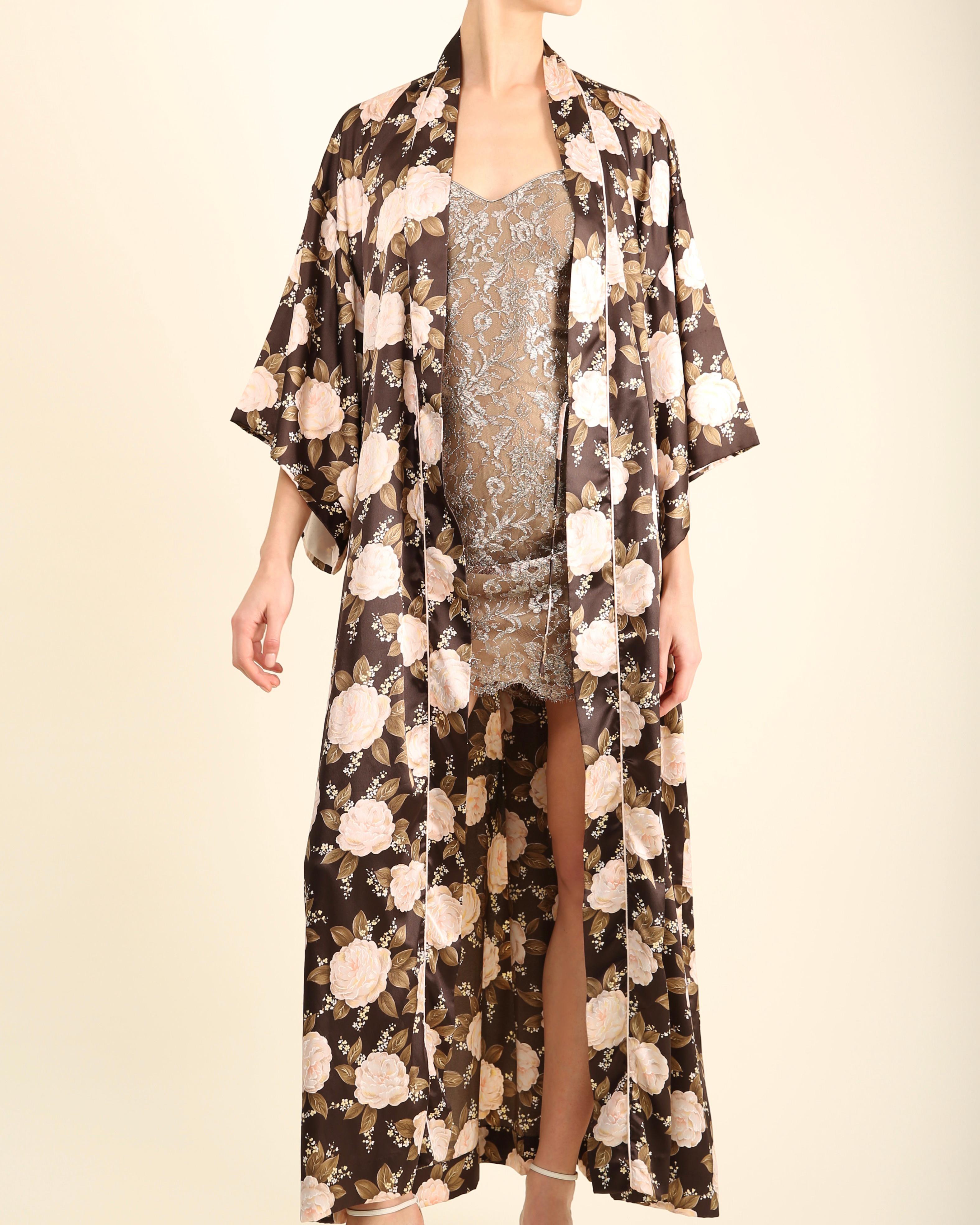 Christian Dior vintage Brown pink floral kimono maxi coat robe robe de nuit en vente 3