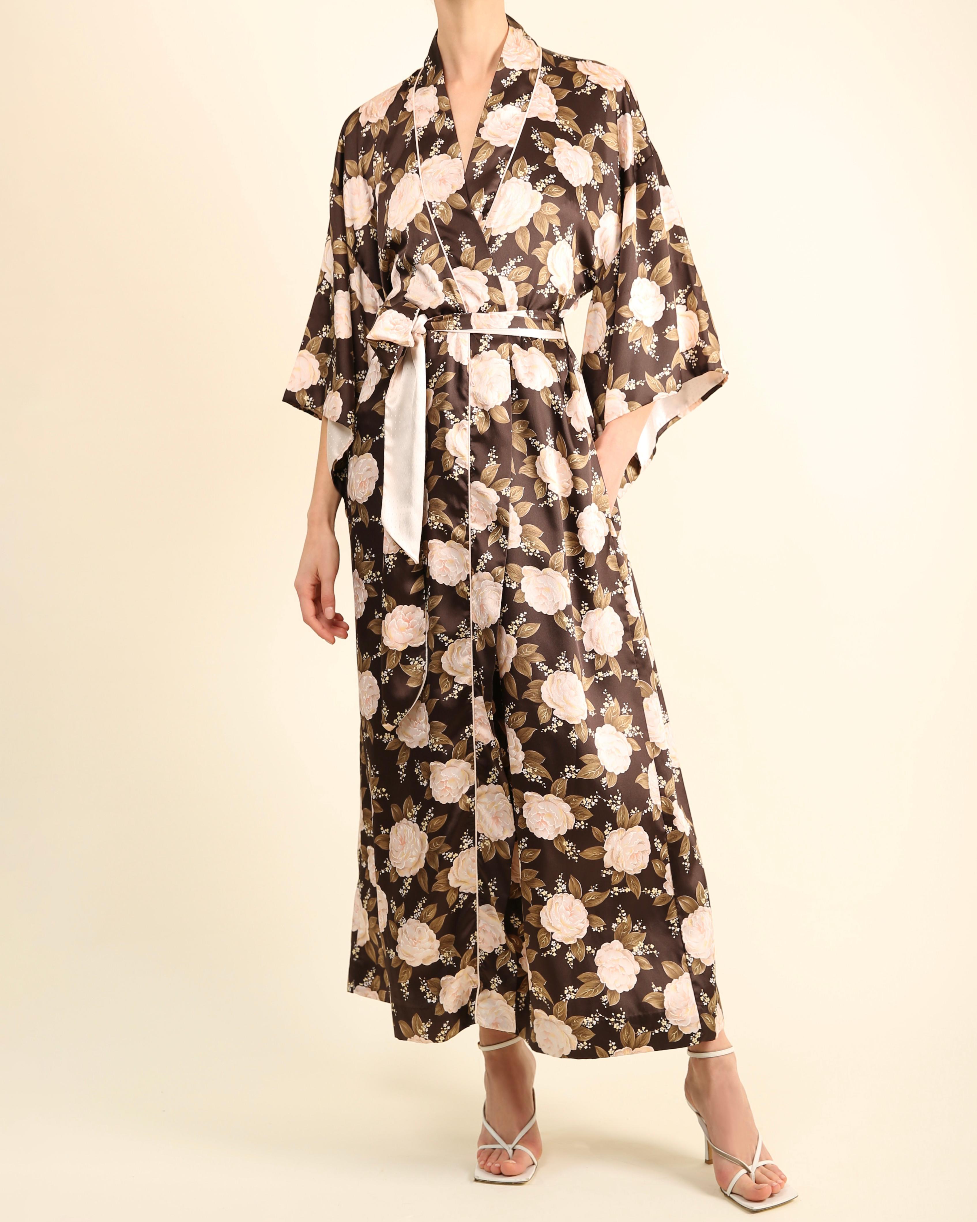Christian Dior vintage Brown pink floral kimono maxi coat robe robe de nuit en vente 4