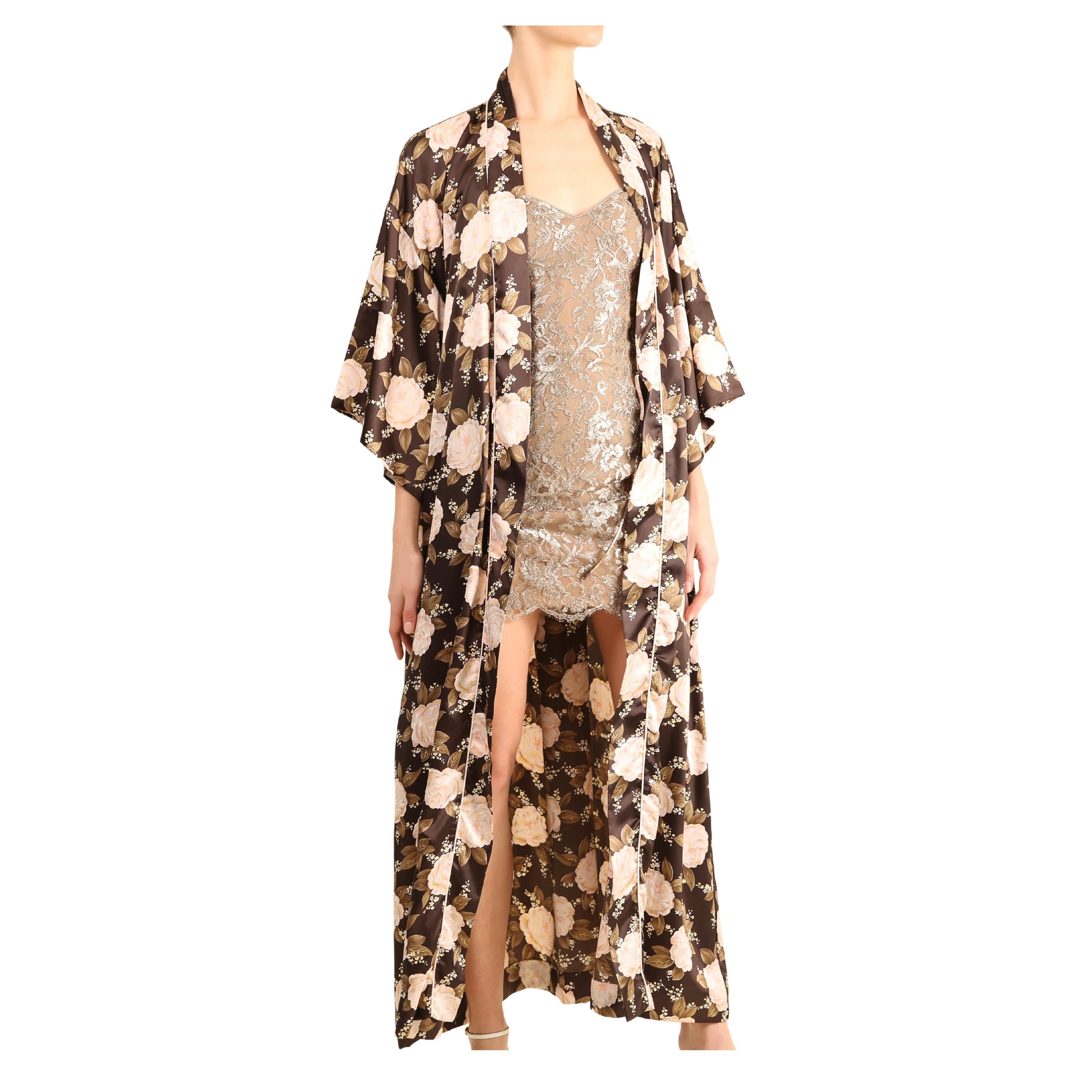 Christian Dior vintage brown pink floral kimono maxi coat dress robe night gown For Sale