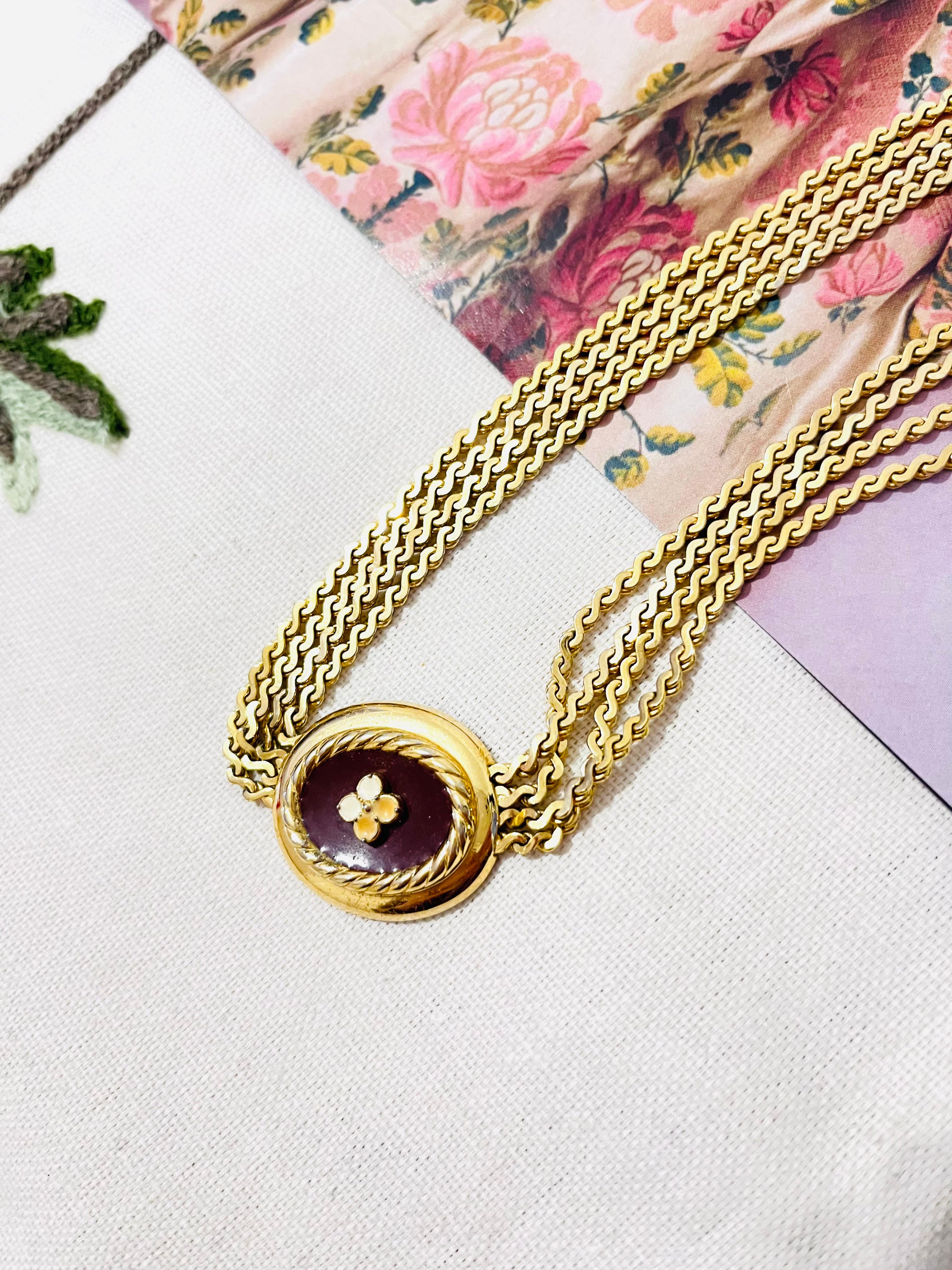 Early Victorian Christian Dior Vintage Burgundy Flower Oval Pendant Layer Strand Chain Necklace For Sale