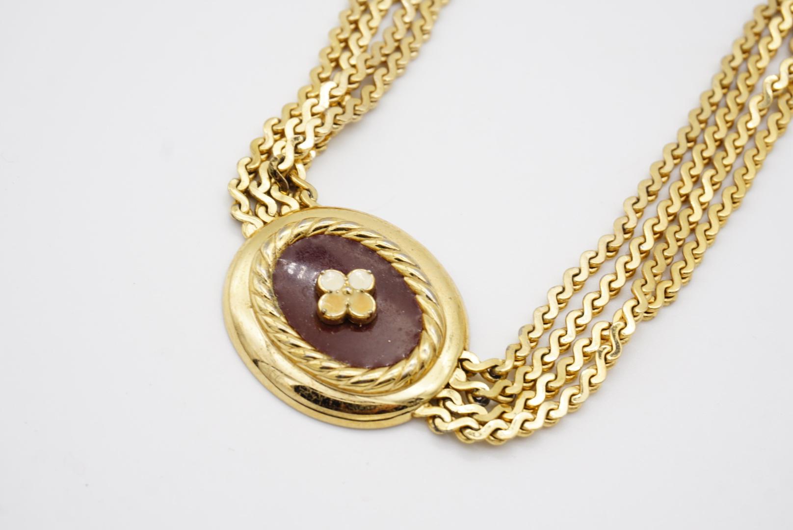 Christian Dior Vintage Burgundy Flower Oval Pendant Layer Strand Chain Necklace For Sale 4