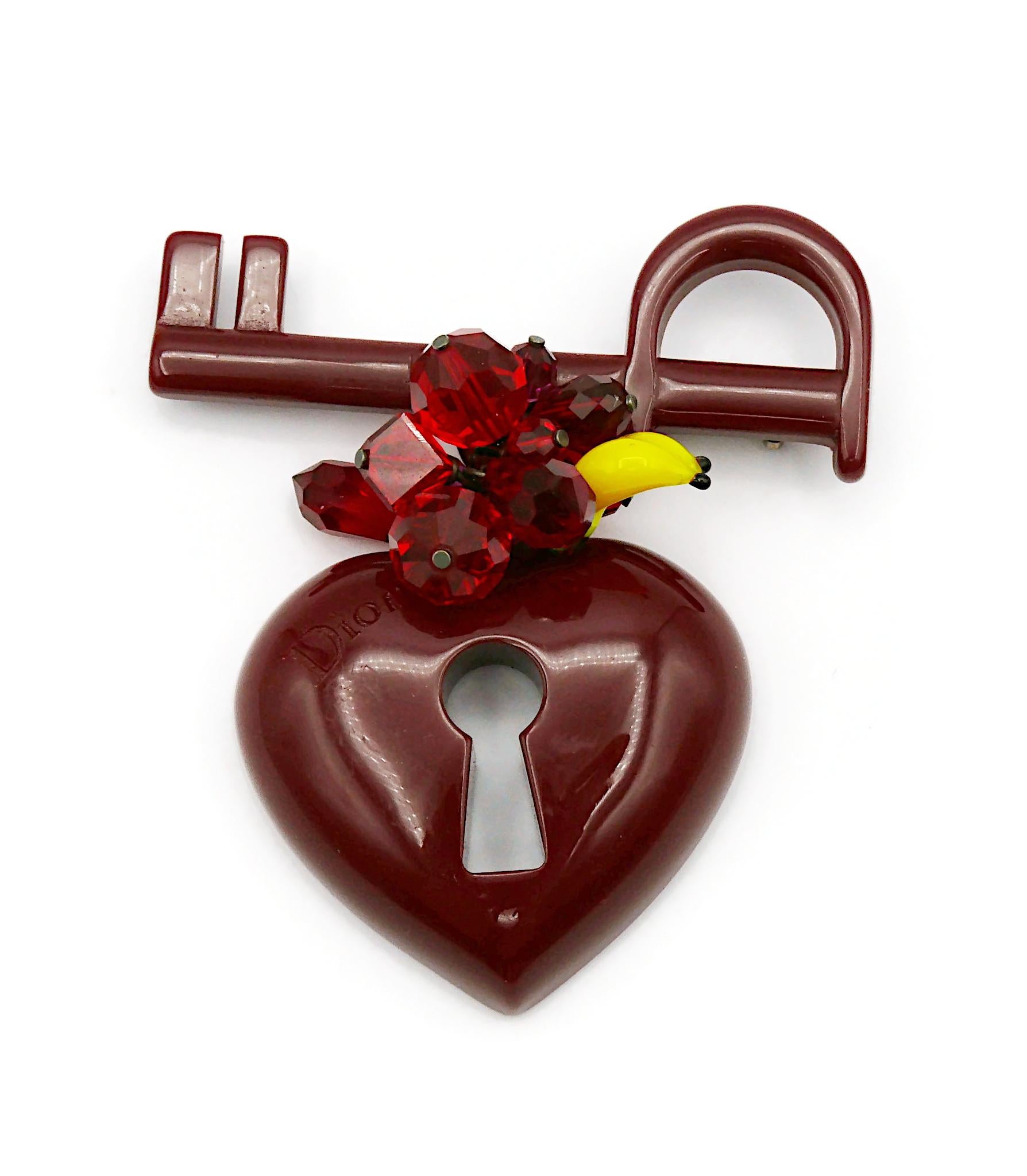 Women's CHRISTIAN DIOR Vintage Burgundy Red Resin Key To My Heart Dangle Brooch For Sale