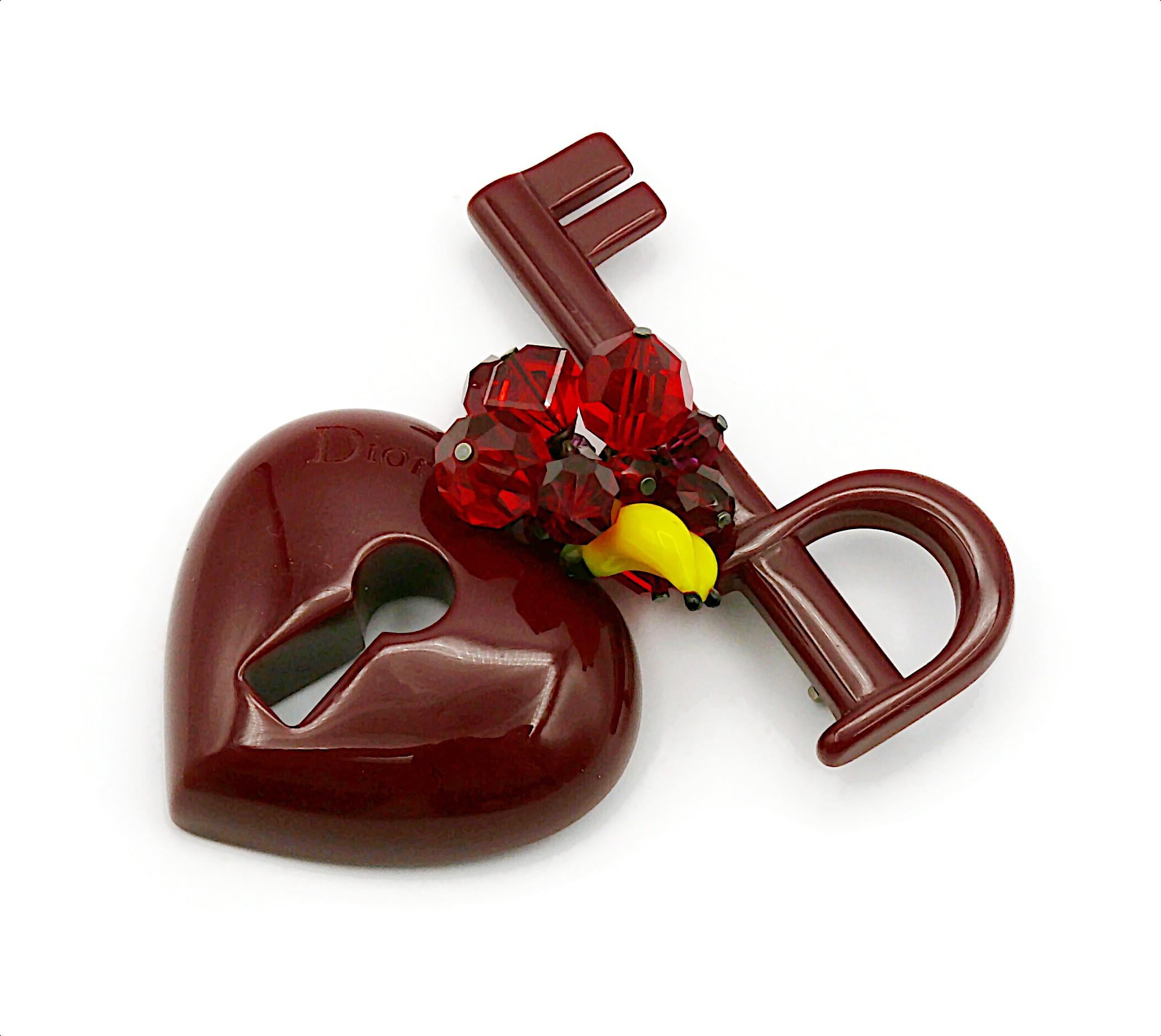 CHRISTIAN DIOR Vintage Burgundy Red Resin Key To My Heart Dangle Brooch For Sale 1