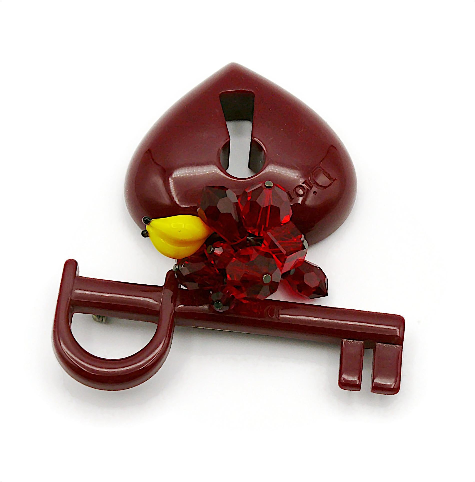 CHRISTIAN DIOR Vintage Burgundy Red Resin Key To My Heart Dangle Brooch For Sale 2