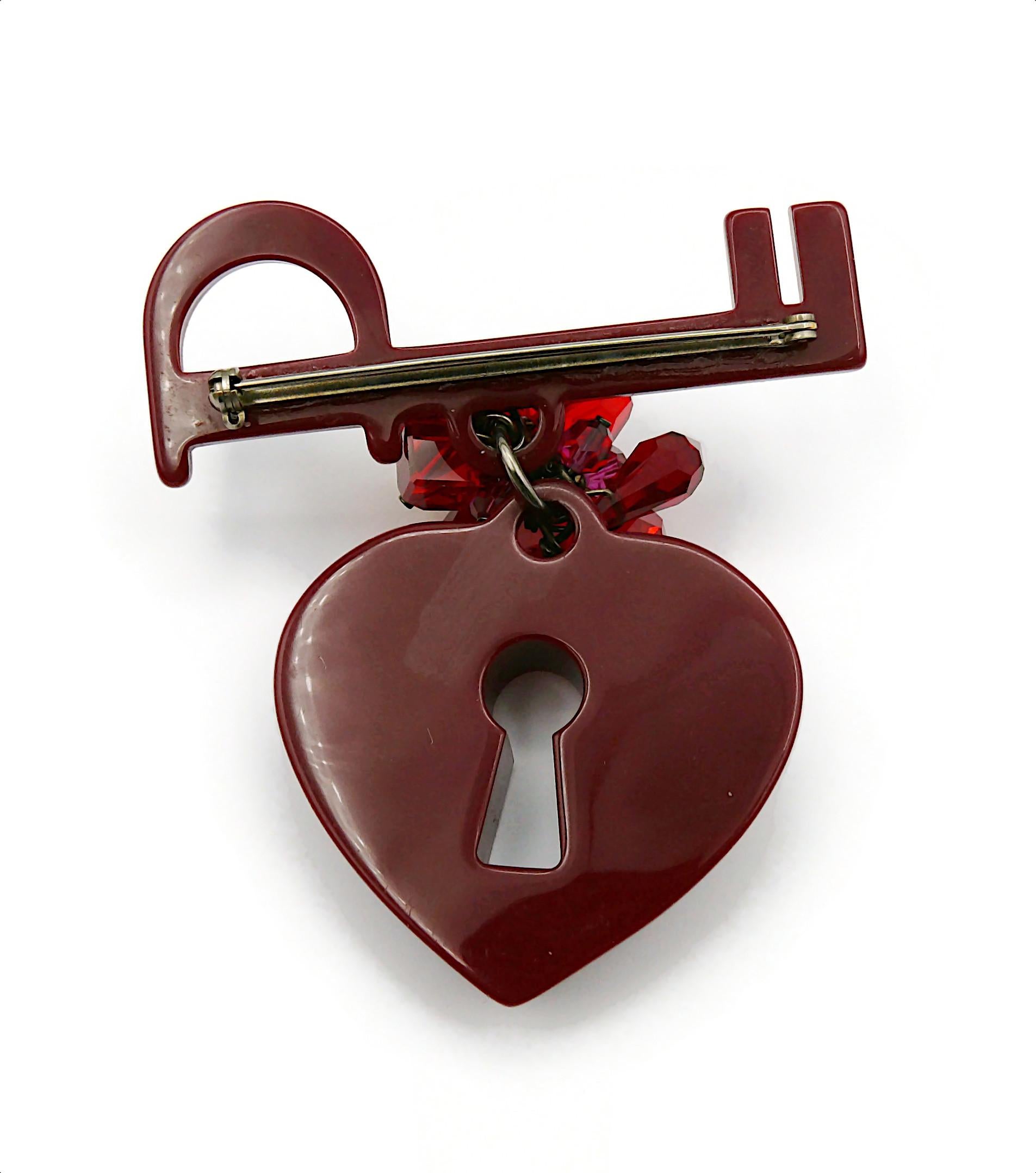 CHRISTIAN DIOR Vintage Burgundy Red Resin Key To My Heart Dangle Brooch For Sale 3