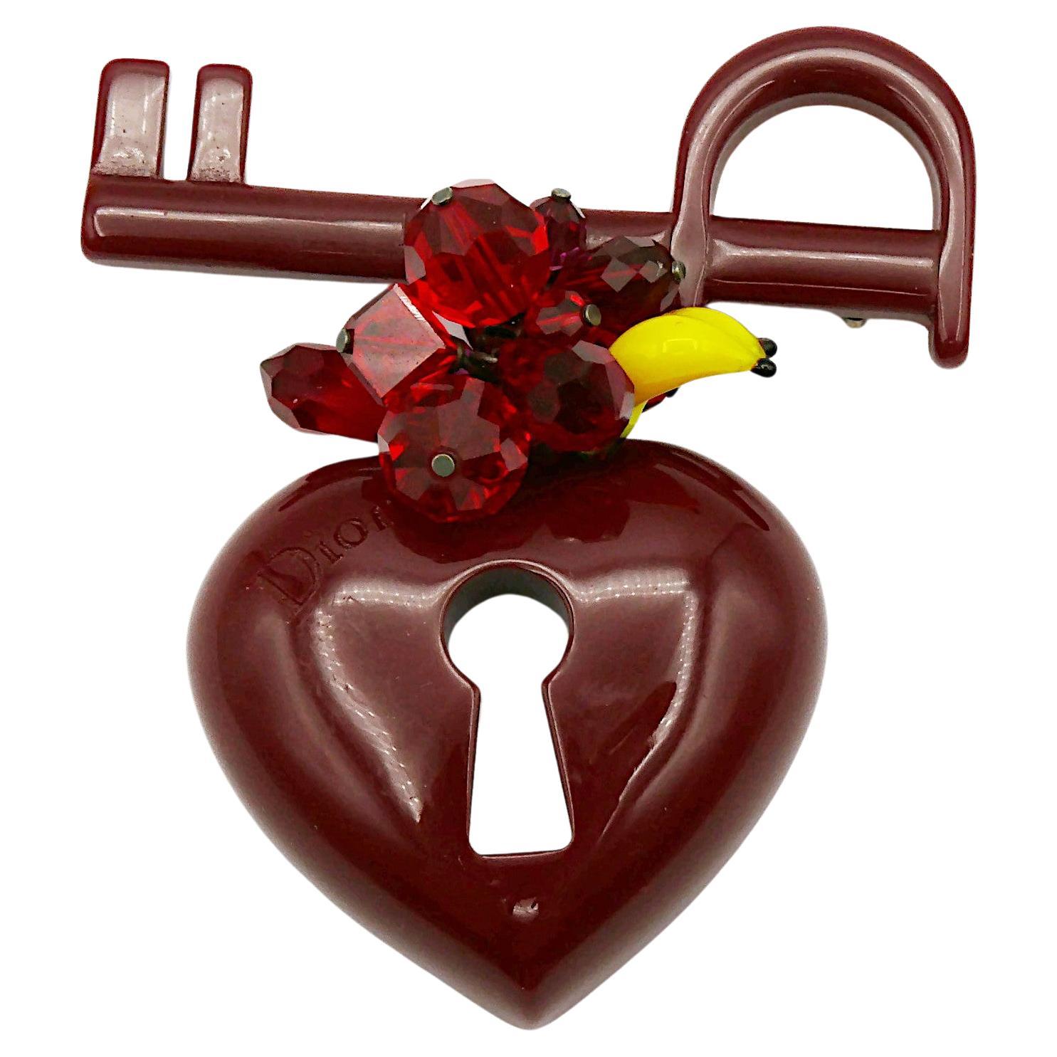 CHRISTIAN DIOR Vintage Burgundy Red Resin Key To My Heart Dangle Brooch