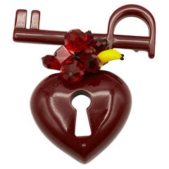 CHRISTIAN DIOR Vintage Burgundy Red Resin Key To My Heart Dangle Brooch