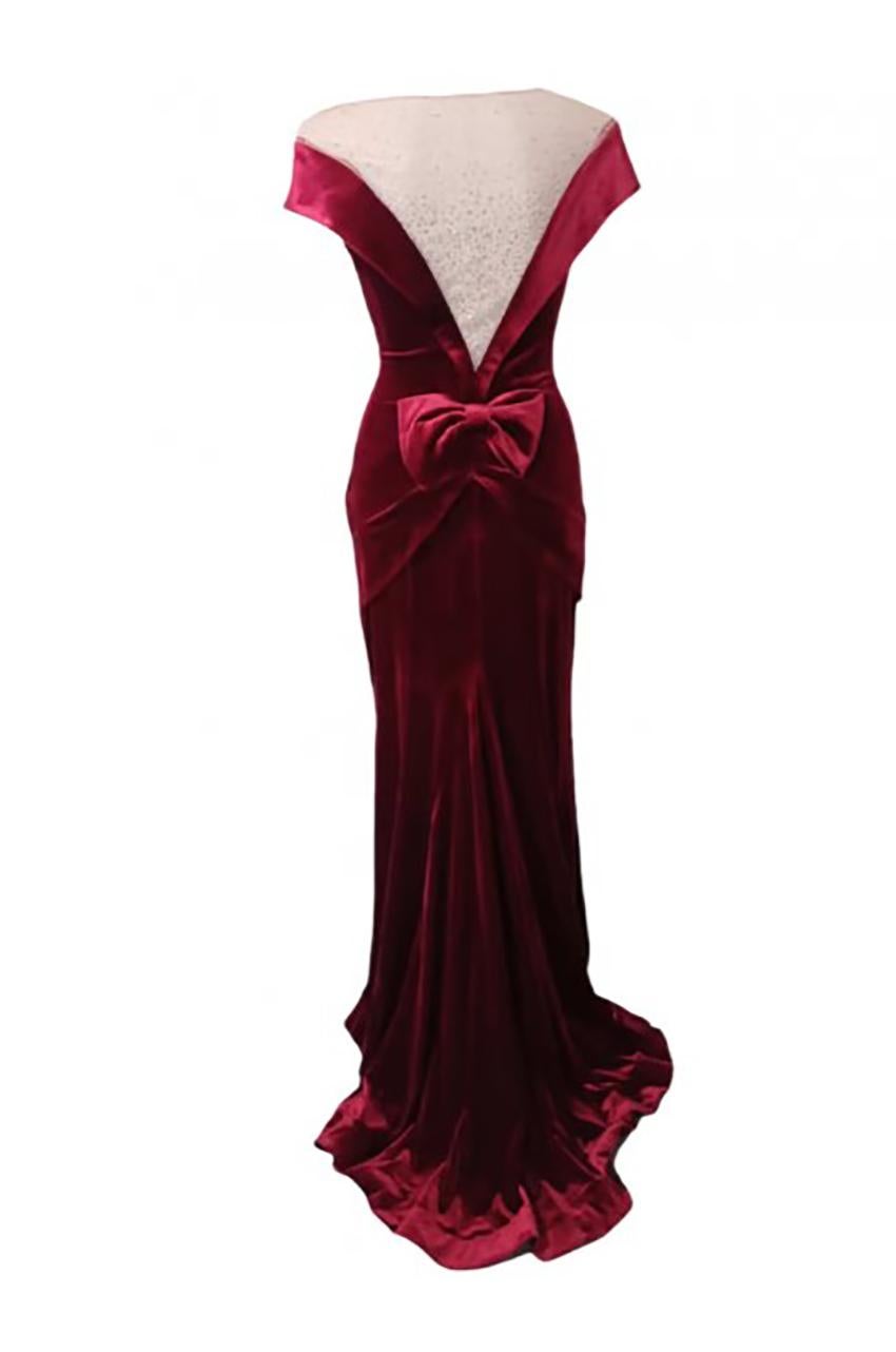 CHRISTIAN DIOR VINTAGE BURGUNDY VELVET EVENING GOWN DRESS Size S In Excellent Condition In Montgomery, TX