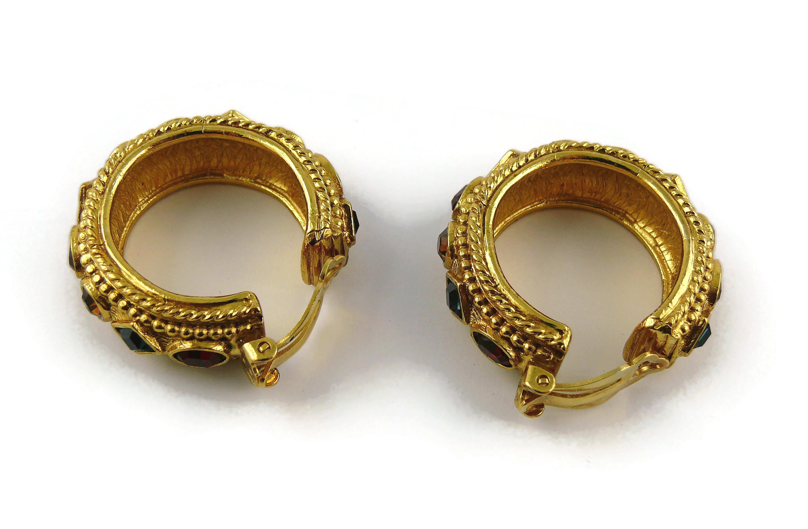 Christian Dior Vintage Byzantine Design Jewelled Gold Toned Hoop Earrings For Sale 4