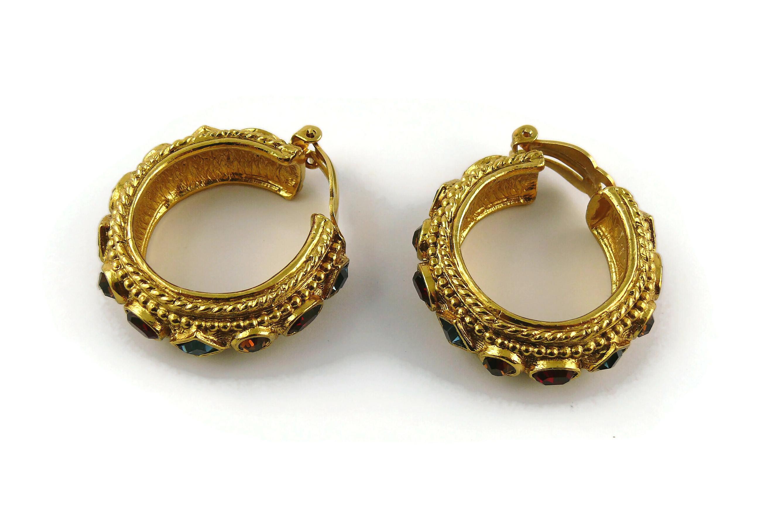 Christian Dior Vintage Byzantine Design Jewelled Gold Toned Hoop Earrings For Sale 5