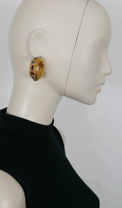 Christian Dior Vintage Byzantine Design Jewelled Gold Toned Hoop Earrings