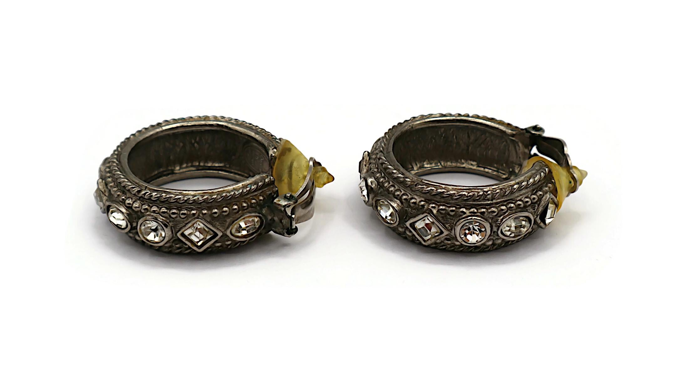 CHRISTIAN DIOR Vintage Byzantine Design Jewelled Silver Tone Hoop Earrings In Good Condition For Sale In Nice, FR