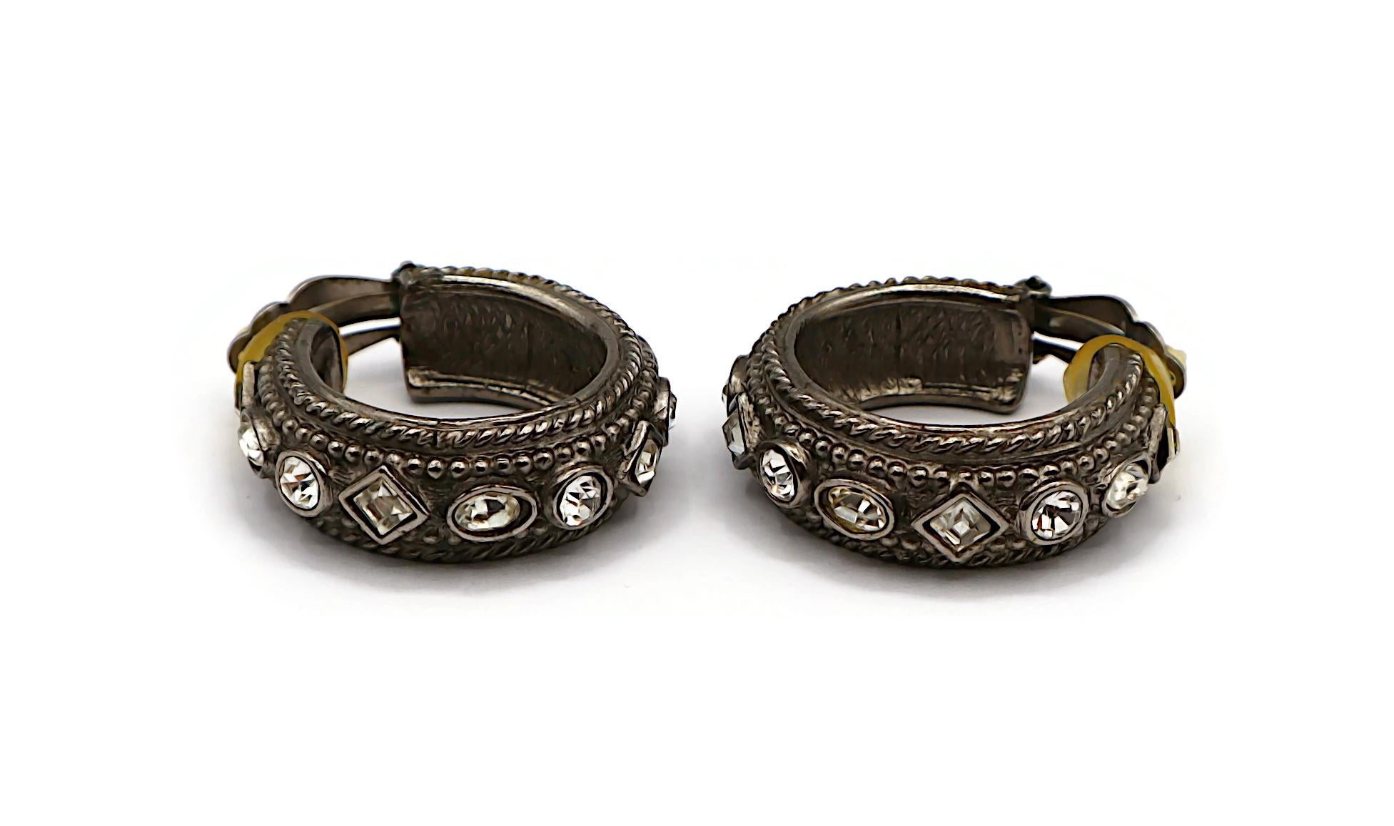 Women's CHRISTIAN DIOR Vintage Byzantine Design Jewelled Silver Tone Hoop Earrings For Sale