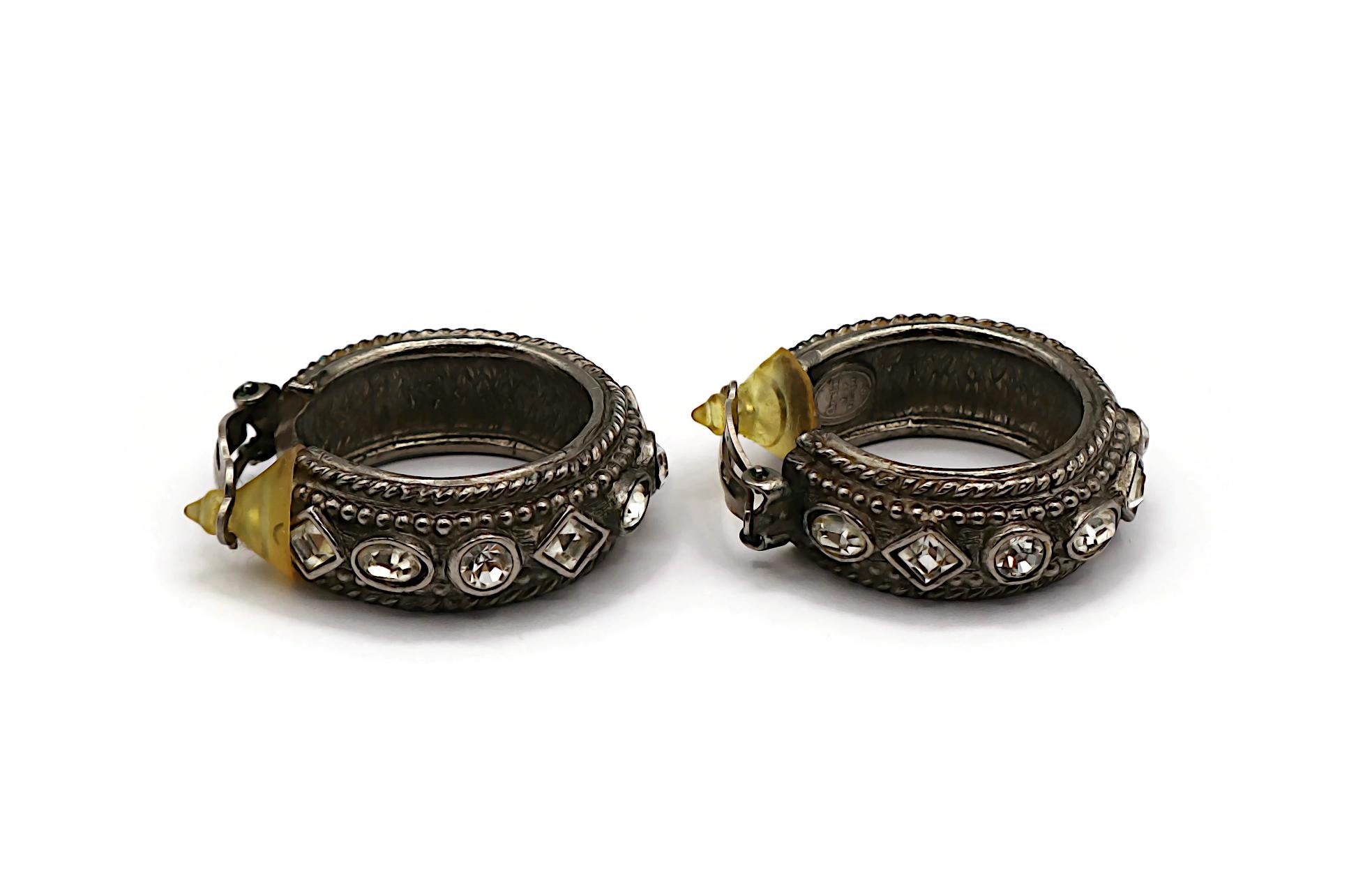 CHRISTIAN DIOR Vintage Byzantine Design Jewelled Silver Tone Hoop Earrings For Sale 1