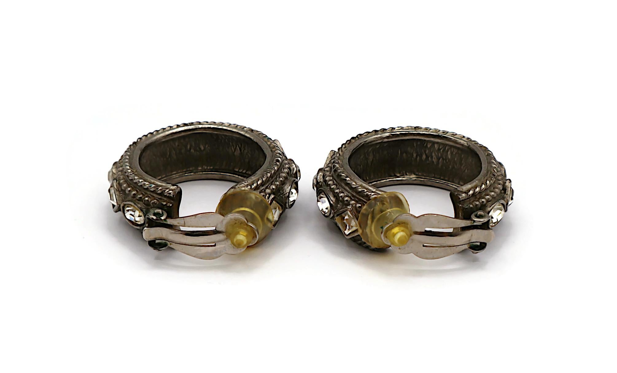 CHRISTIAN DIOR Vintage Byzantine Design Jewelled Silver Tone Hoop Earrings For Sale 2