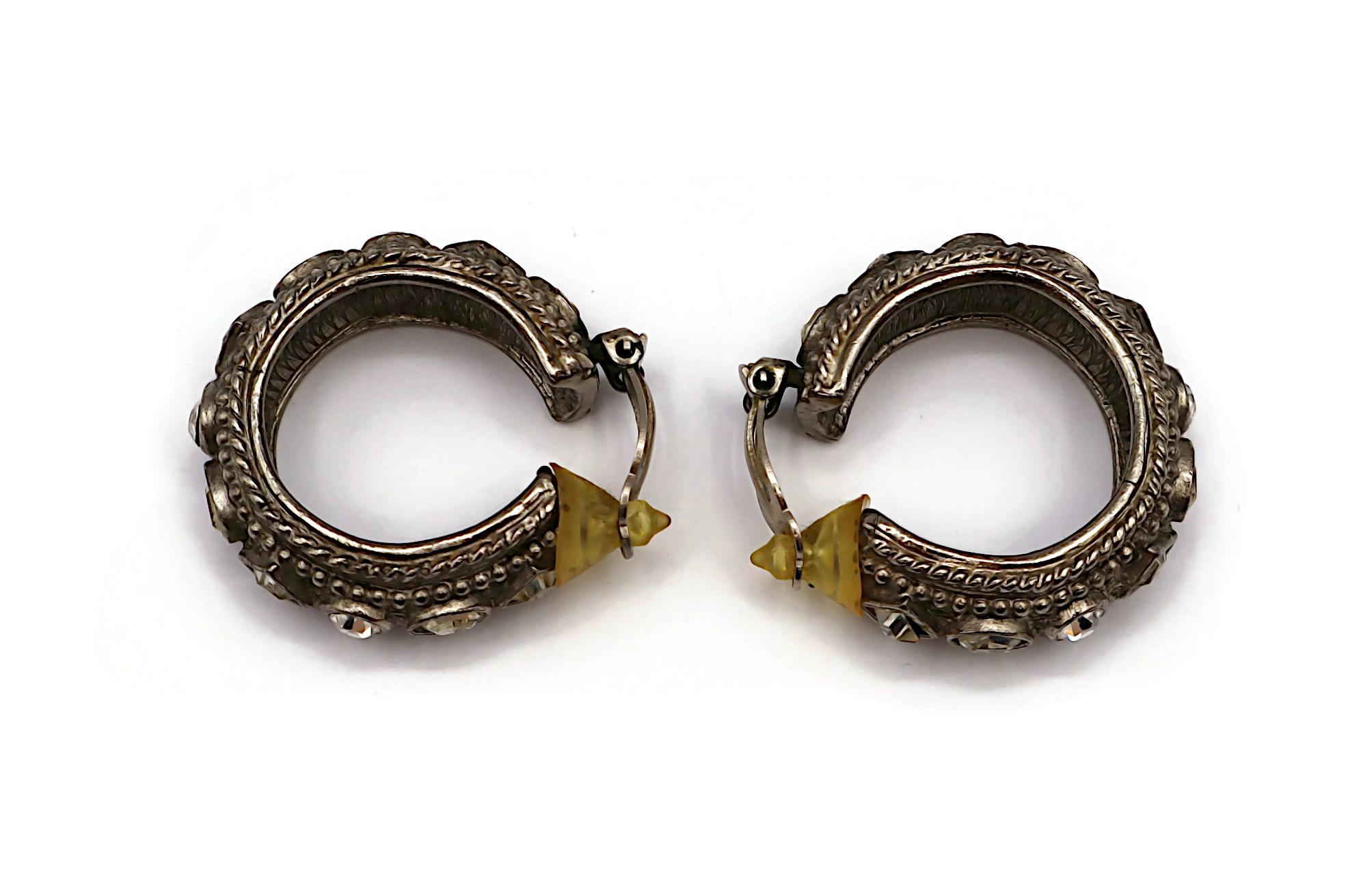 CHRISTIAN DIOR Vintage Byzantine Design Jewelled Silver Tone Hoop Earrings For Sale 3