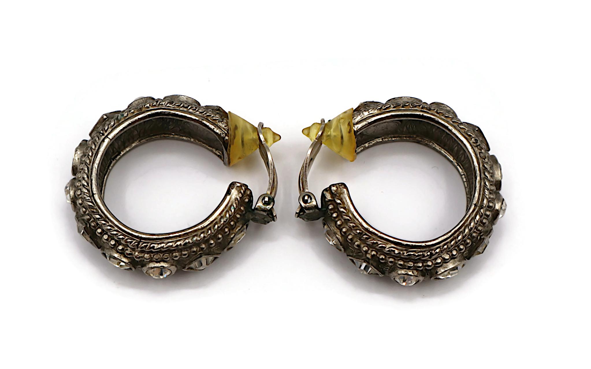CHRISTIAN DIOR Vintage Byzantine Design Jewelled Silver Tone Hoop Earrings For Sale 4