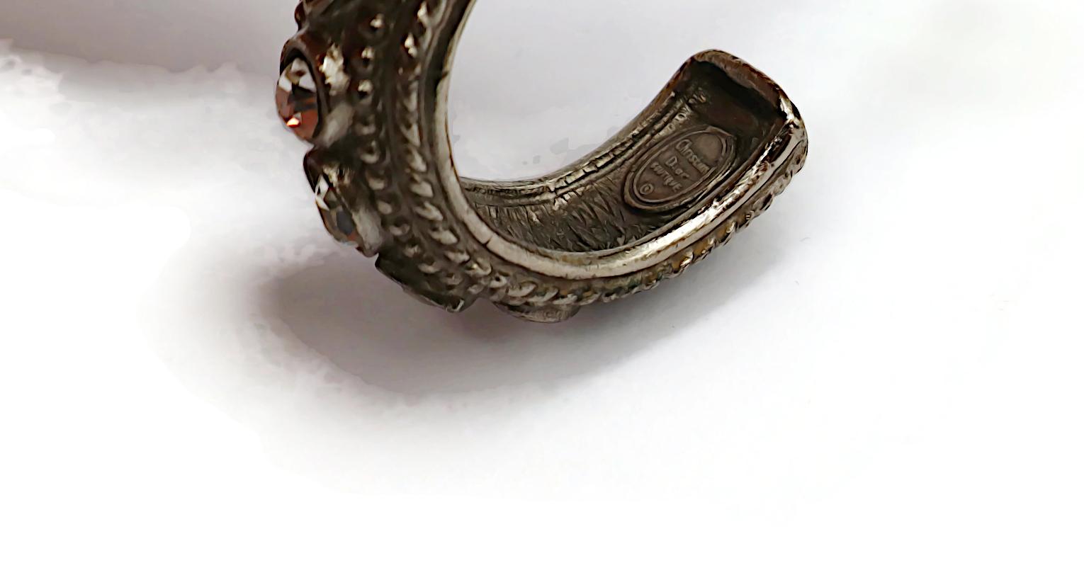 CHRISTIAN DIOR Vintage Byzantine Design Jewelled Silver Tone Hoop Earrings For Sale 5