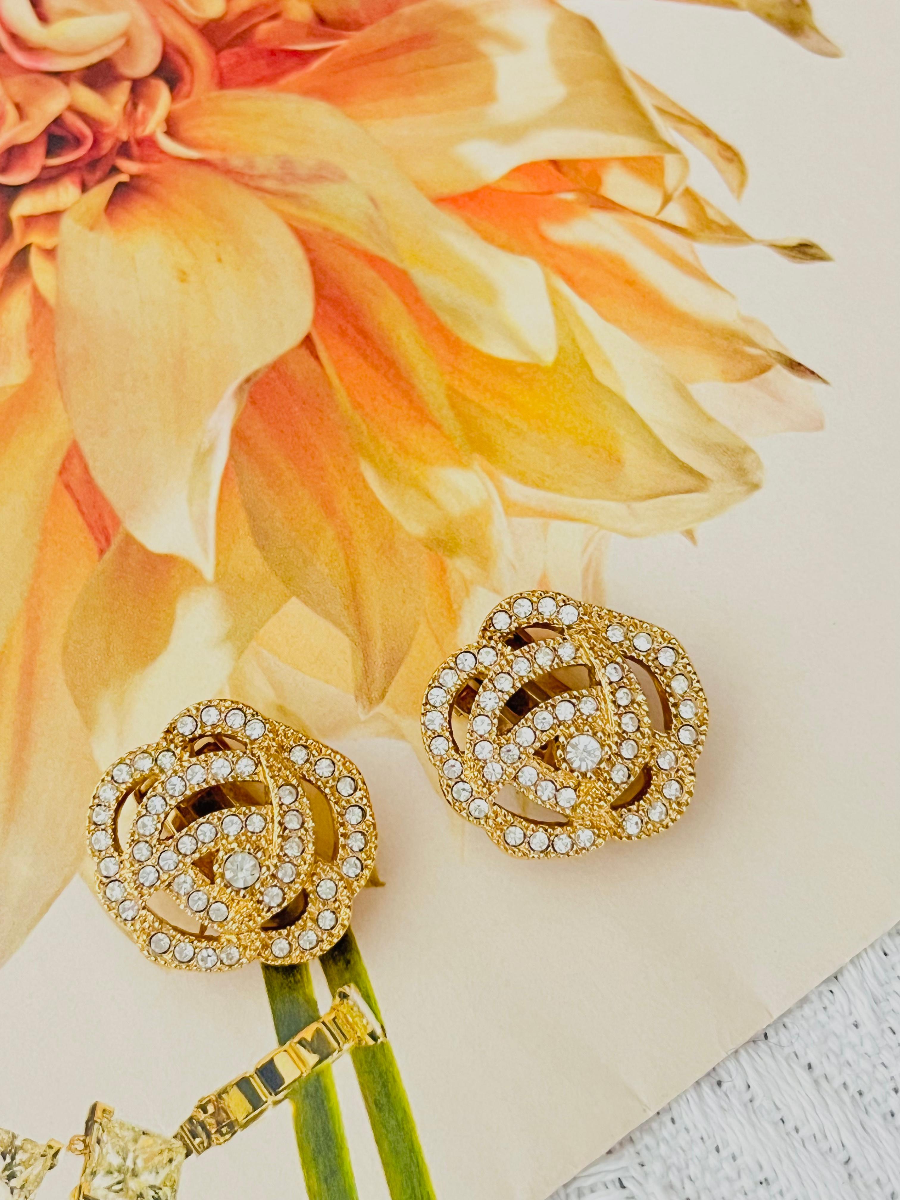 Art Nouveau Christian Dior Vintage Camellia Rose Flower Whole Crystals Openwork Earrings For Sale