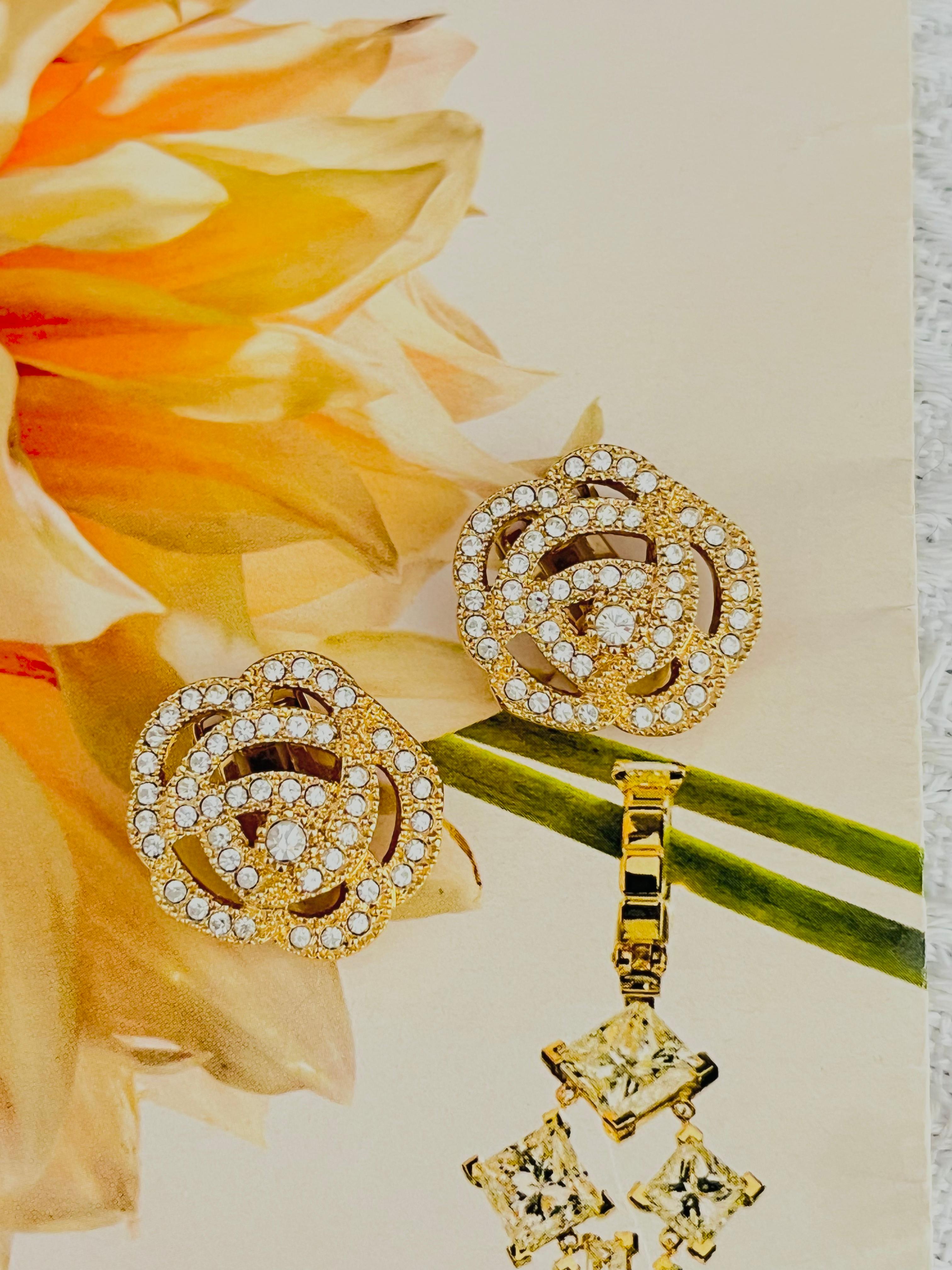 Christian Dior Vintage Camellia Rose Flower Whole Crystals Openwork Earrings In Excellent Condition For Sale In Wokingham, England
