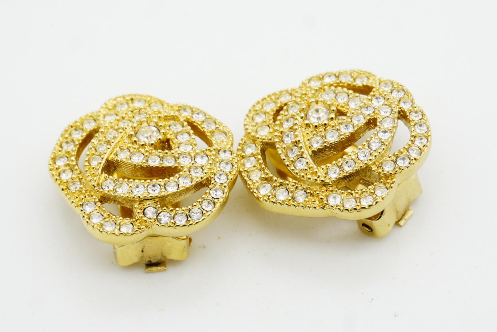 Christian Dior Vintage Camellia Rose Flower Whole Crystals Openwork Earrings For Sale 4