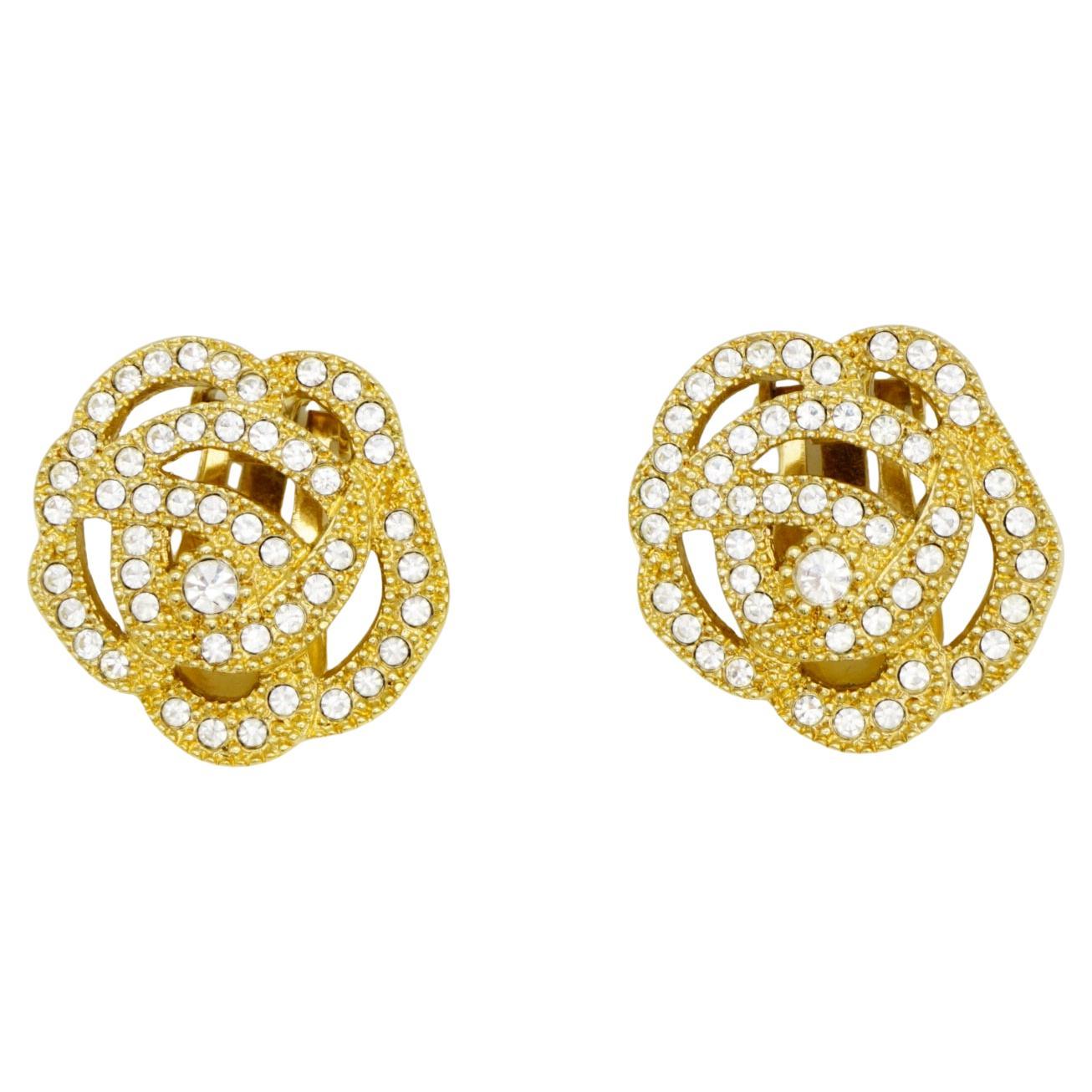 Christian Dior Vintage Camellia Rose Flower Whole Crystals Openwork Earrings For Sale