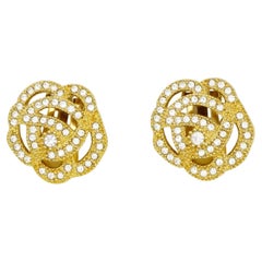 Christian Dior Vintage Camellia Rose Flower Whole Crystals Openwork Earrings