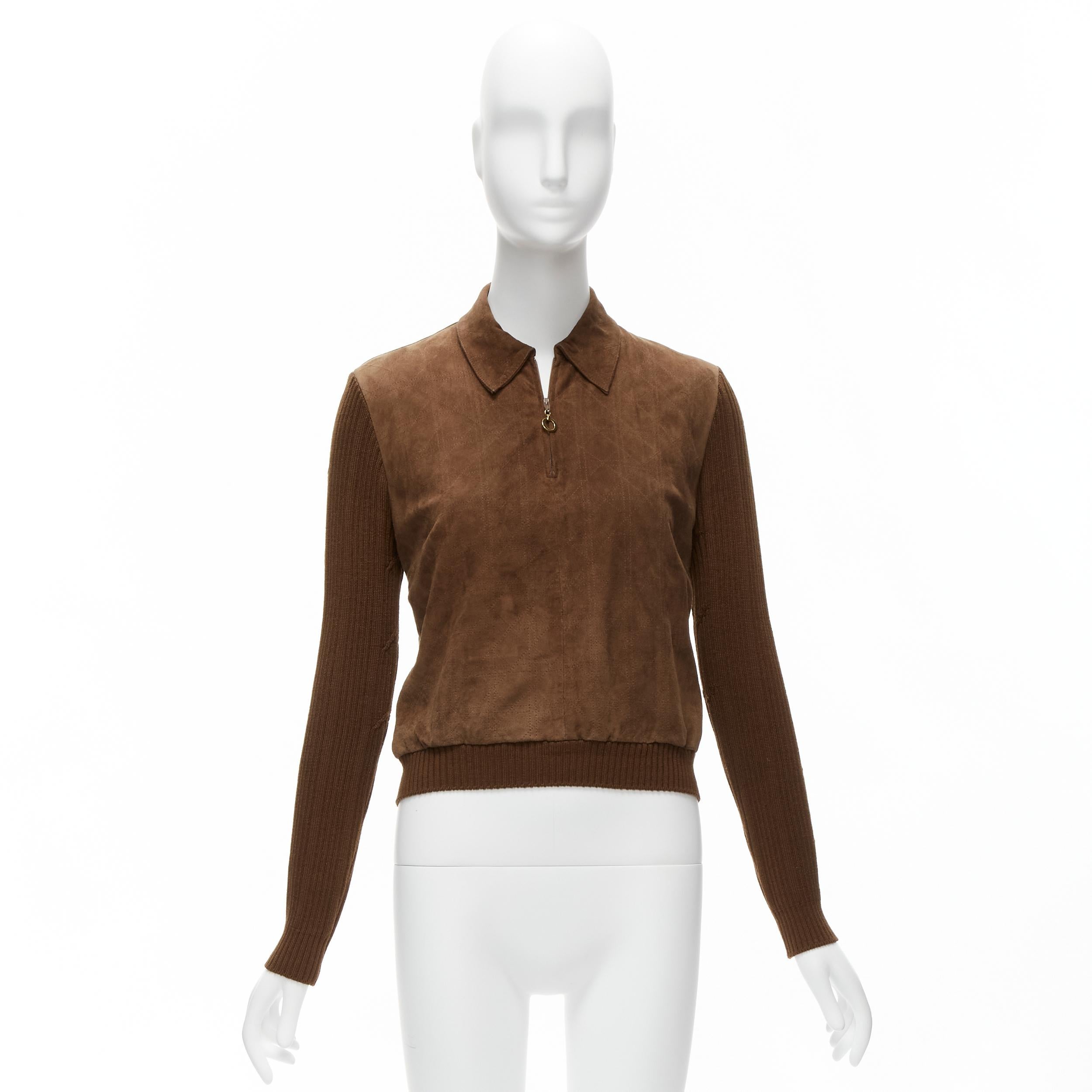 CHRISTIAN DIOR Vintage Cannage stitch brown suede ribbed half zip sweater For Sale 5