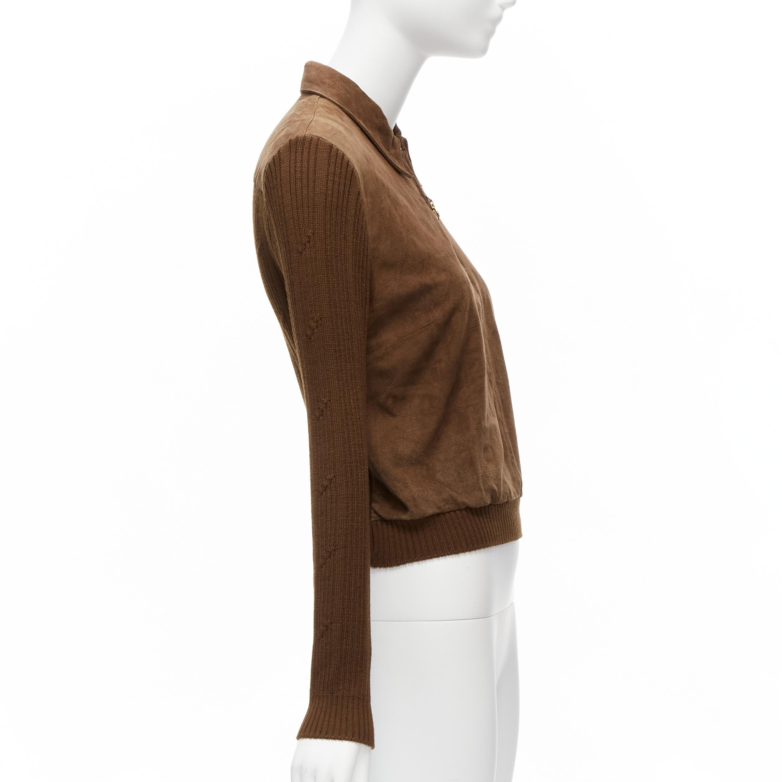CHRISTIAN DIOR Vintage Cannage stitch brown suede ribbed half zip sweater In Good Condition For Sale In Hong Kong, NT