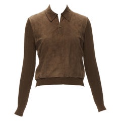CHRISTIAN DIOR Vintage Cannage stitch brown suede ribbed half zip sweater