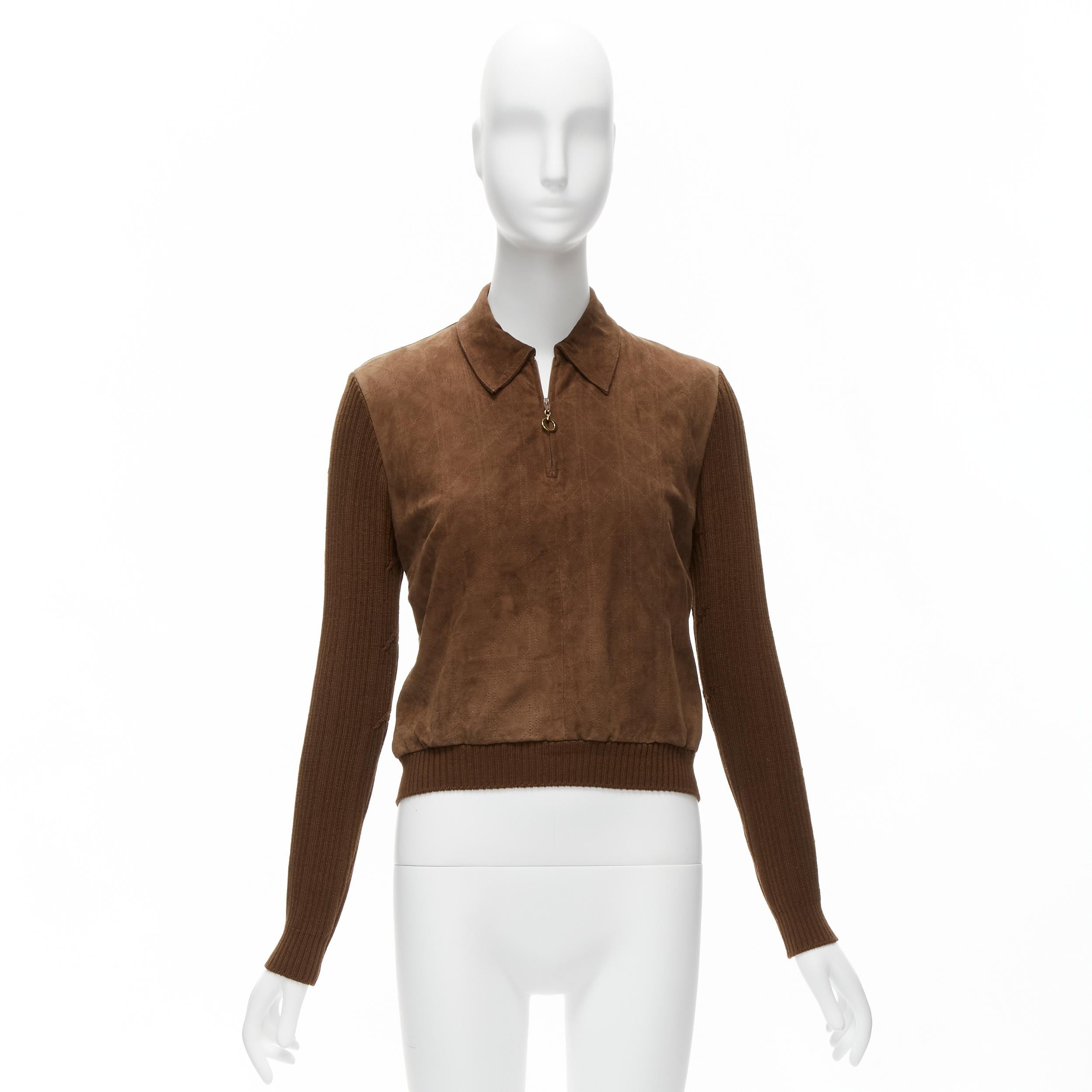 CHRISTIAN DIOR Vintage Cannage stitch suede leather ribbed half zip sweater For Sale 5